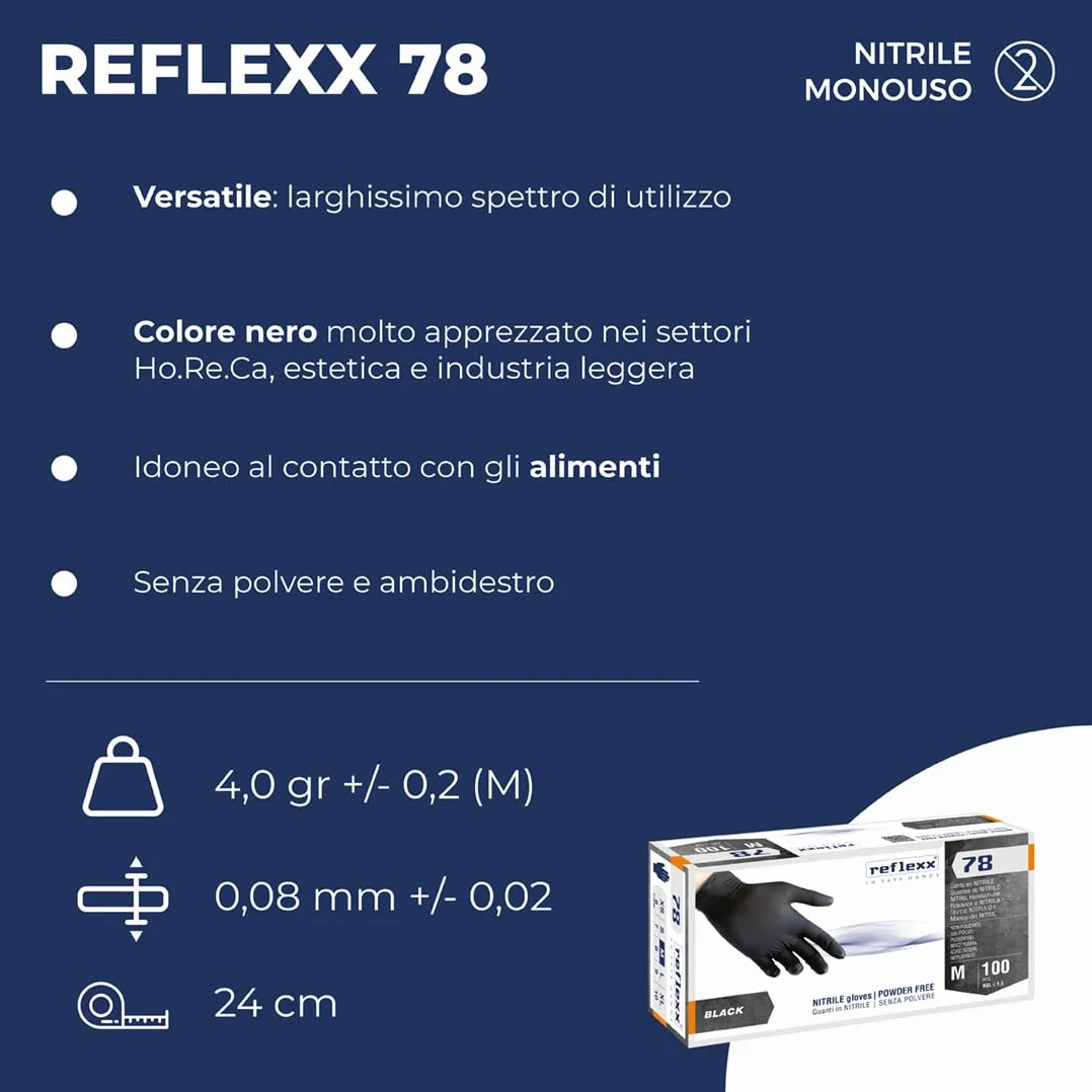 REFLEXX R78 Guanti senza nitrili in polvere, medio, nero, 100 pezzi