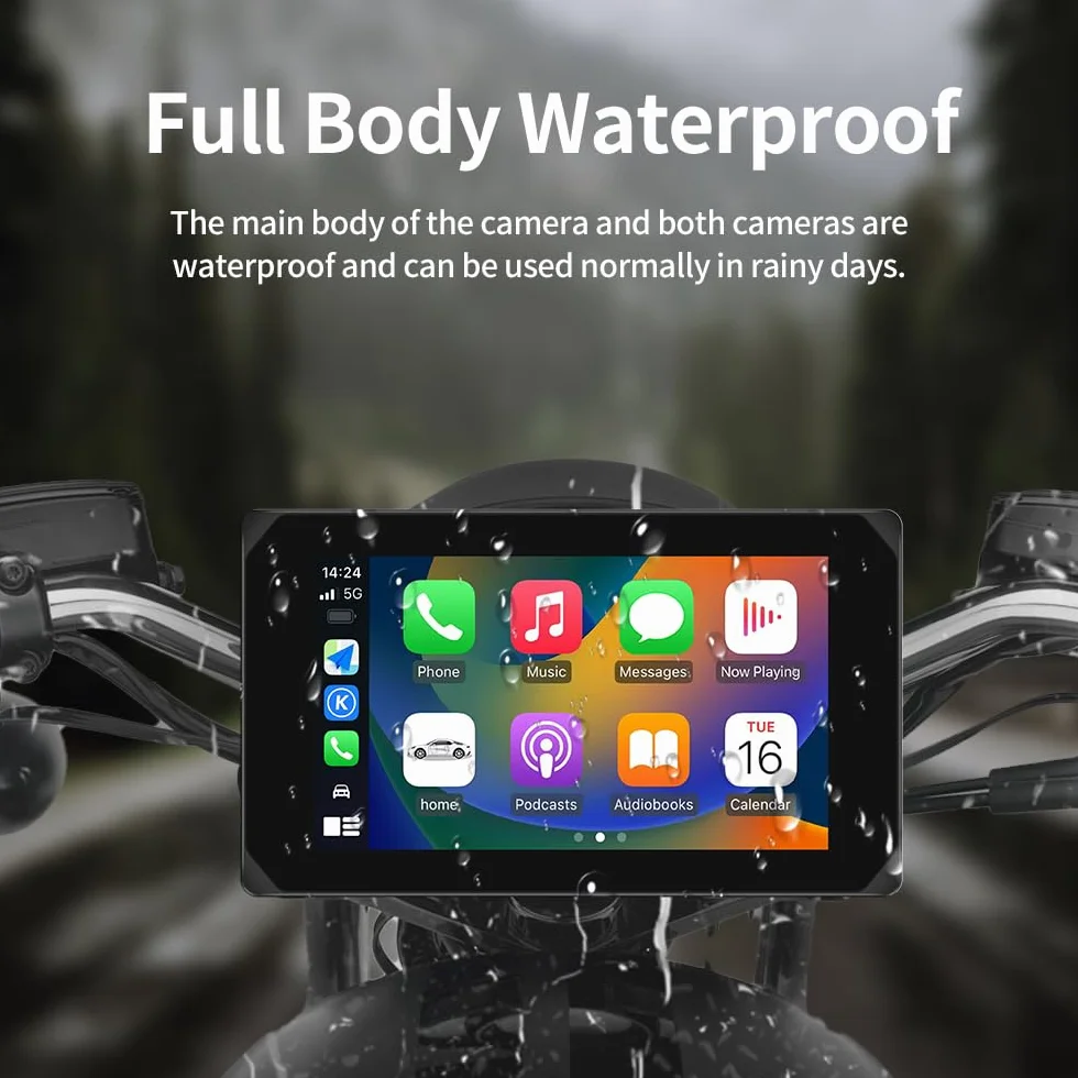 VSYSTO Schermo per moto, CarPlay e Android Auto Senza Fili, 5'' Schermo Carplay Moto con Doppia telecamera 1080P, Impermeabile IP65 Touchscreen con Navigation GPS, Bluetooth, Siri/Assistant, TPMS