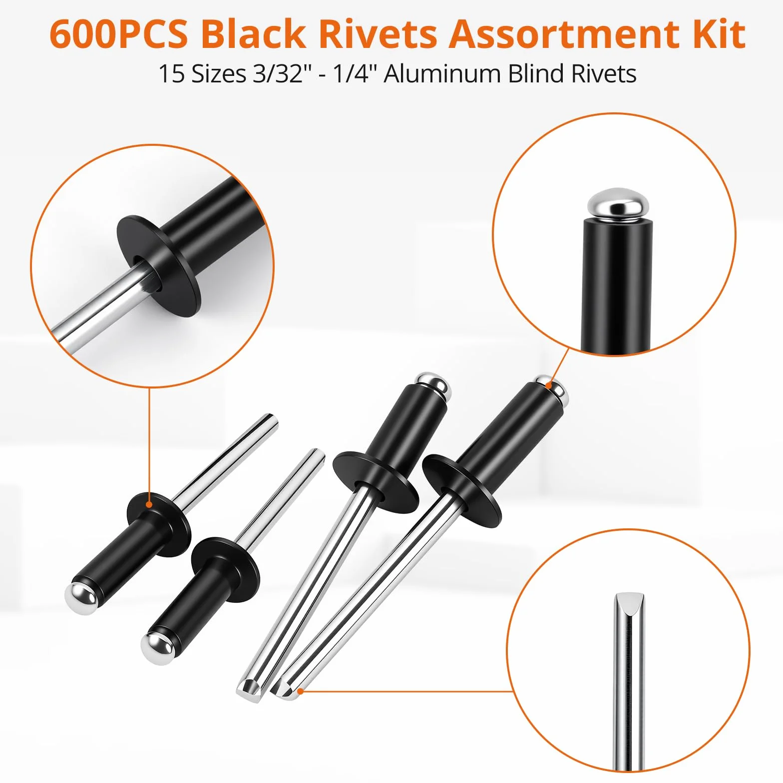Proster 600 Rivetti in Alluminio Neri Assortiti – 15 Misure da 2.4 a 6.4 mm Kit Blind Rivets