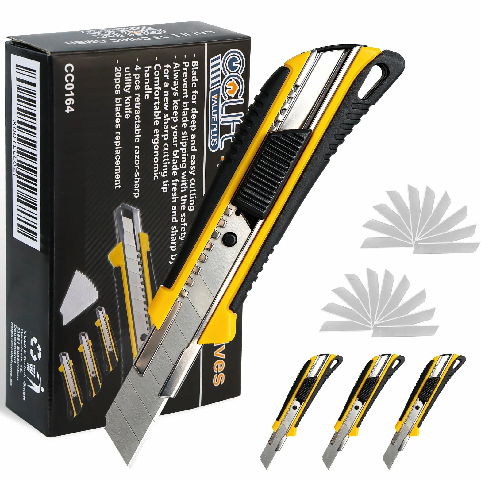 CCLIFE 4 pezzi taglierino professionale 18 mm + 20 lame maniglia antiscivolo per cartone moquette