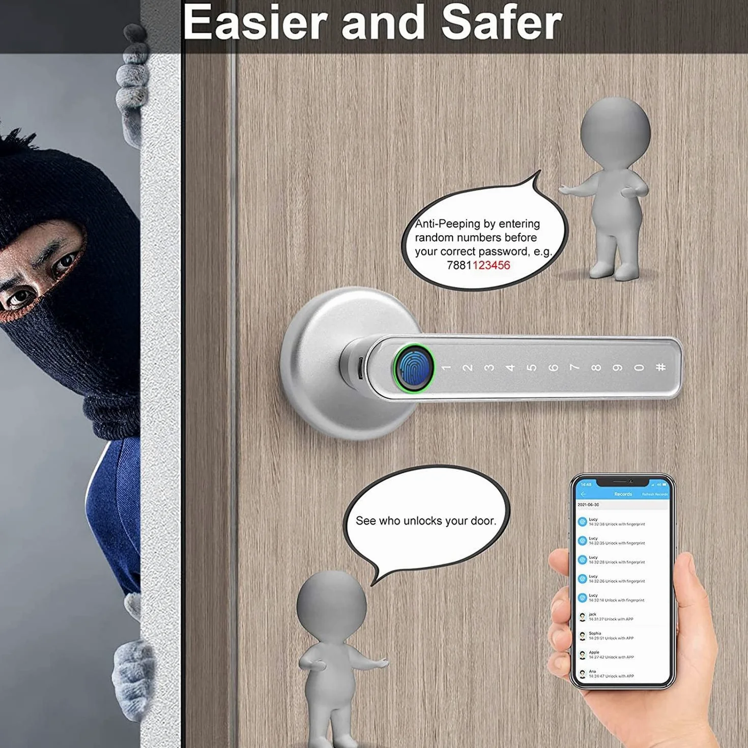 Smart Door Lock Keyless Entry Serratura della porta della tastiera con maniglia, serratura della porta dell'impronta digitale con controllo WiFi APP Tuya