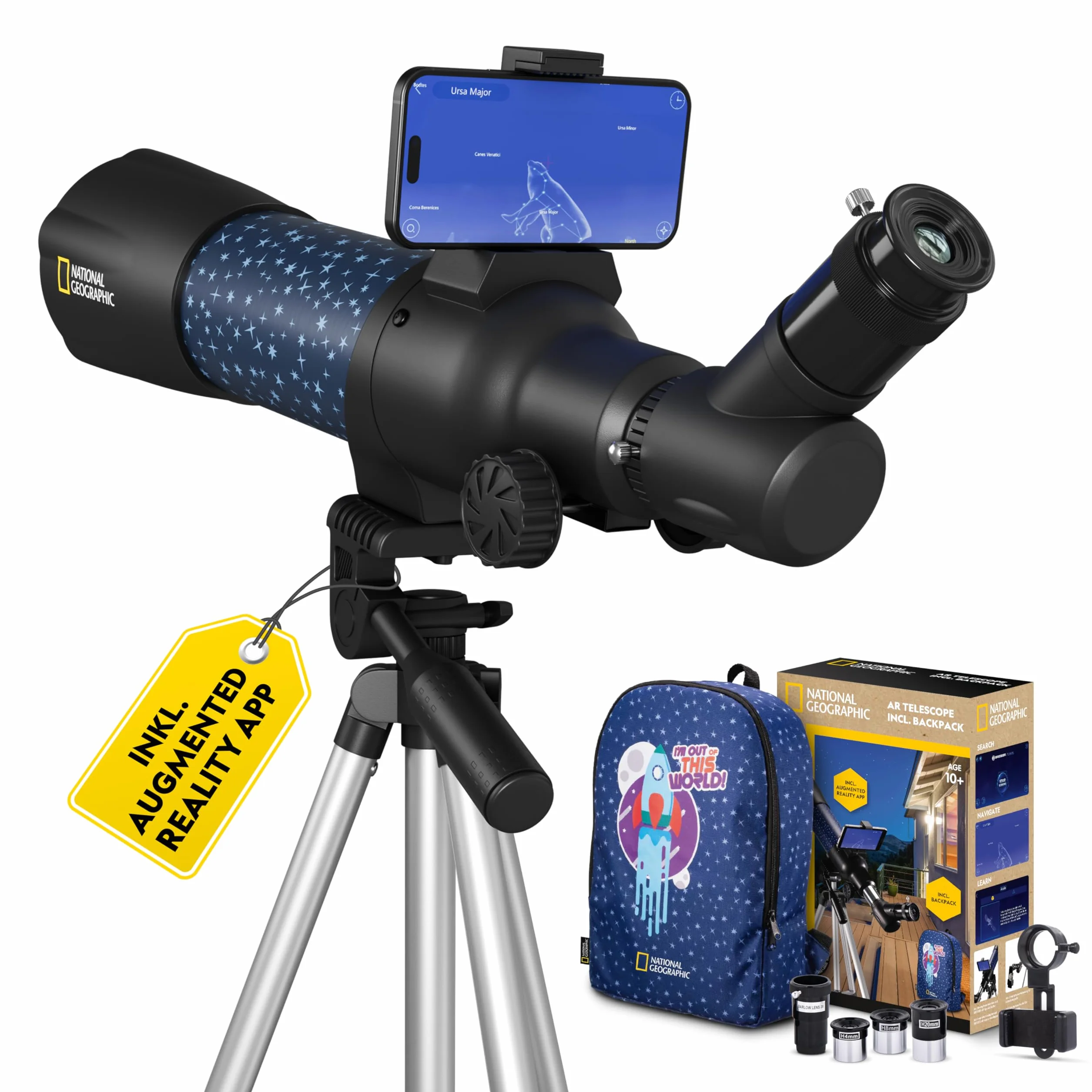National Geographic smartes AR - Telescopio per bambini con treppiede, zaino, supporto per smartphone e app di realtà aumentata