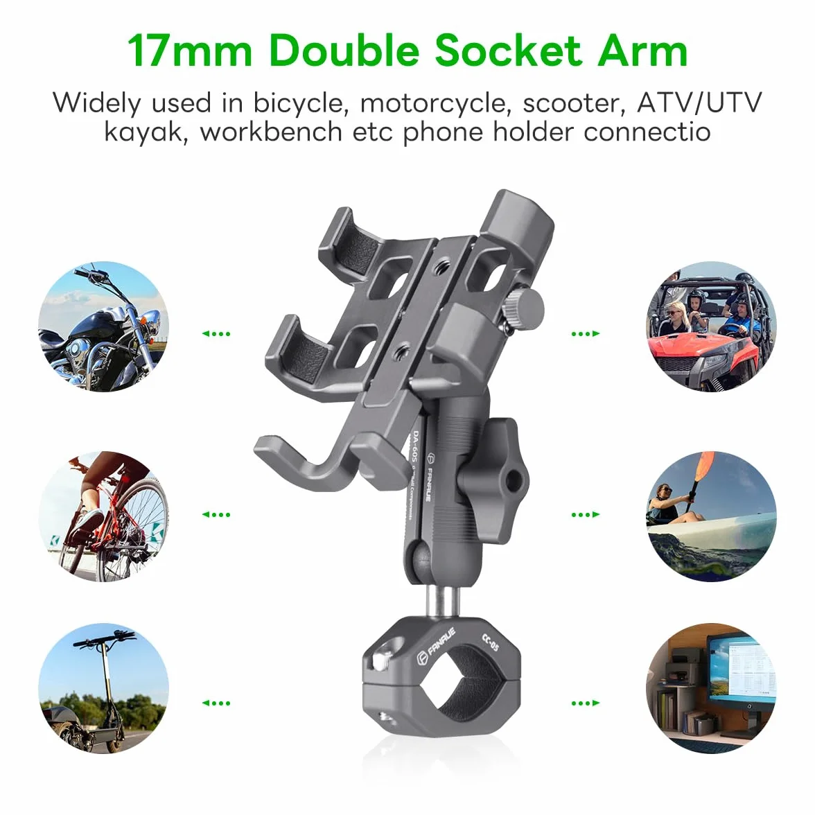 FANAUE Braccio a doppia presa compatibile con sfera da 17 mm, lega di alluminio, compatibile con supporto GPS Garmin e supporto per telefono per bici e moto