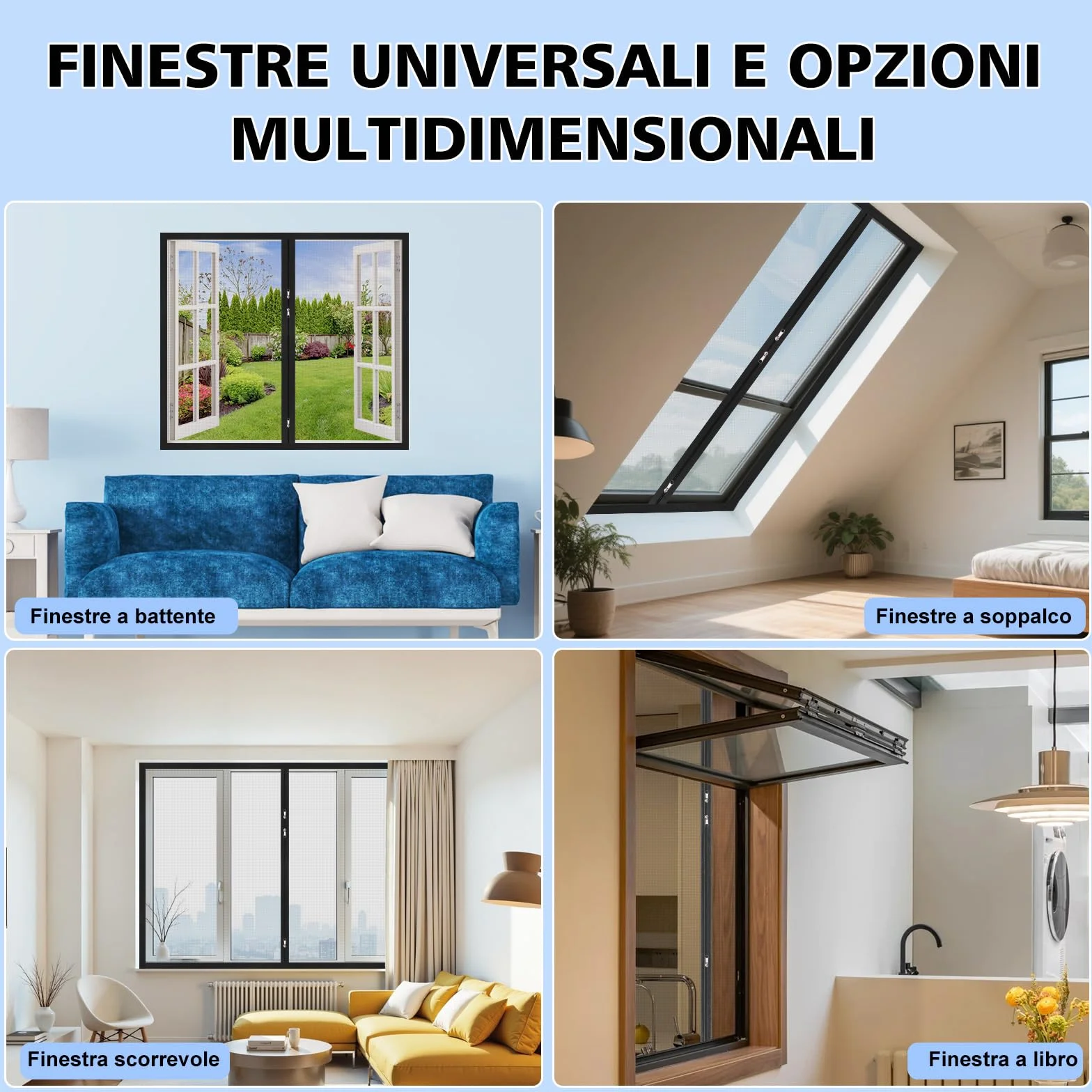 Zanzariere per Finestre con Cerniera Bidirezionale, 70x125 cm, Maglia in PP Antizanzare Traspirante, Nero