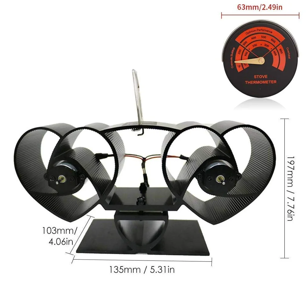 Ventola per stufa a doppio motore, a 8 lame, design 2019, funzionamento silenzioso, con termometro per stufa a legna, bruciatore e camino, distribuzione del calore ecologica ed efficiente