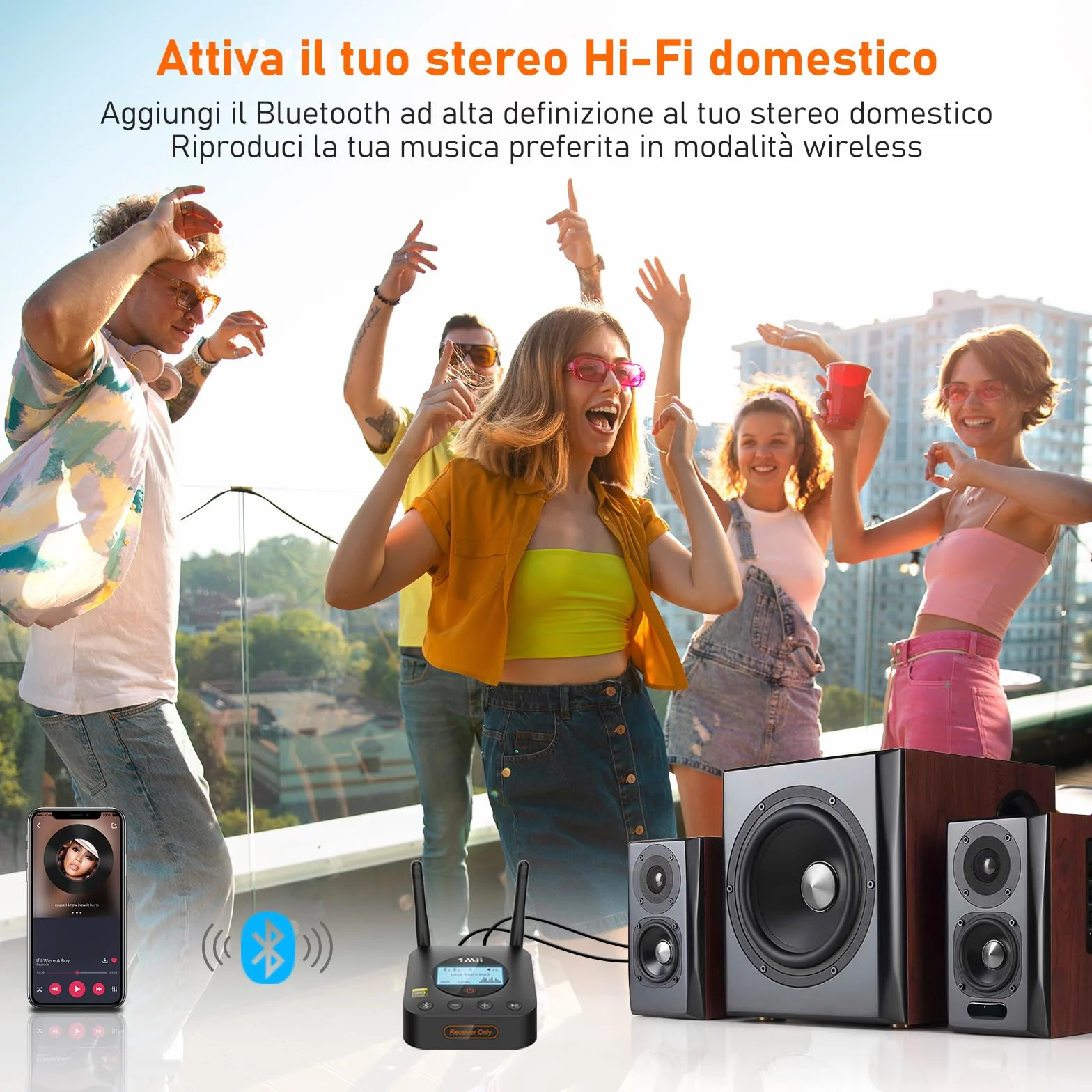 1Mii B06Pro+ Ricevitore Bluetooth HiFi, Adattatore Audio Wireless Bluetooth 5.3 Hi-Res LDAC per Stereo, aptX HD/Bassa Latenza, con Uscita Ottica/AUX, Controllo del Volume, Display LCD, Lungo Raggio