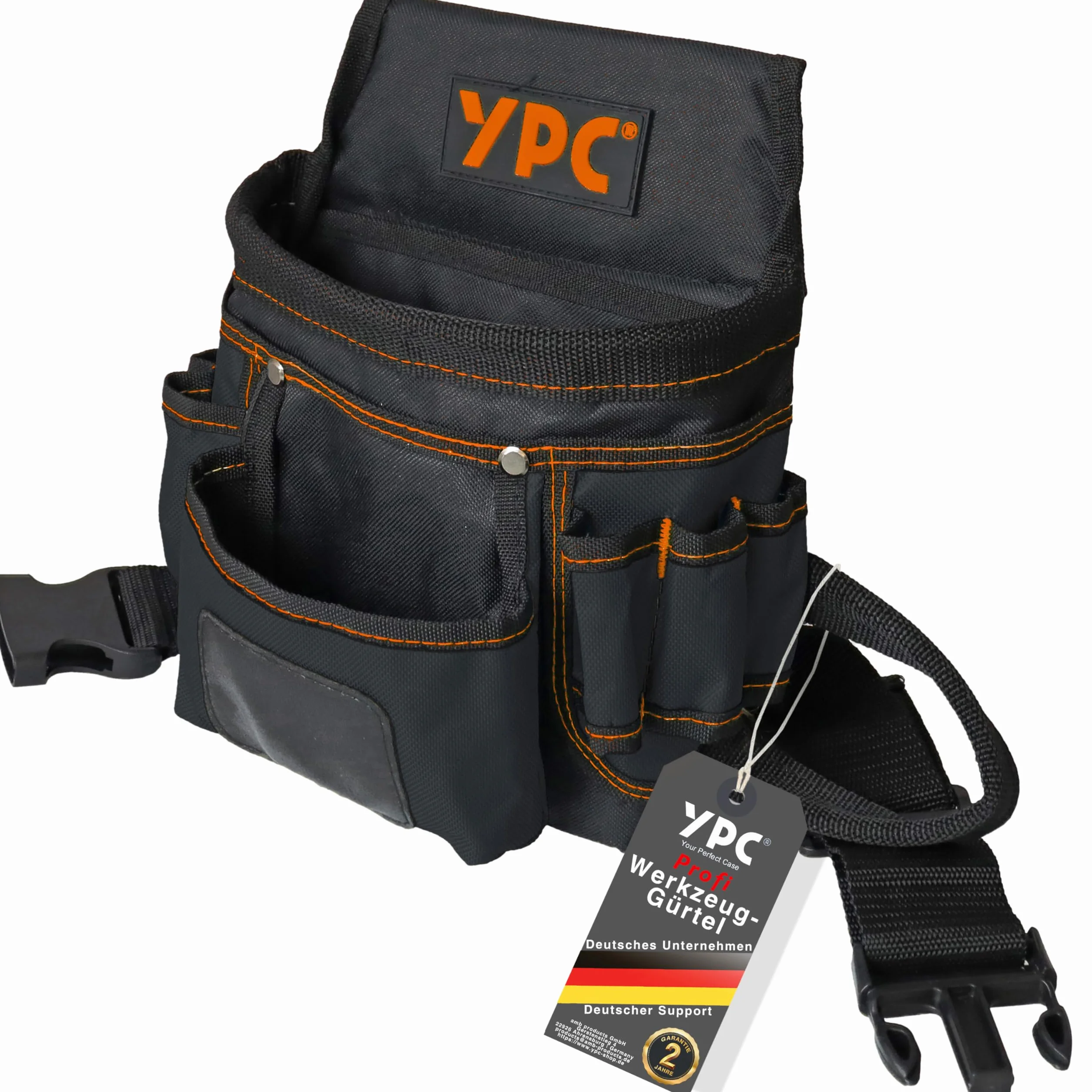 YPC Presto Tool - Marsupio XL per attrezzi, cintura da lavoro, impermeabile, con passante per martello, cintura in nylon antistrappo, 12 tasche, nero, 27 x 21 x 13 cm, portata 5 kg
