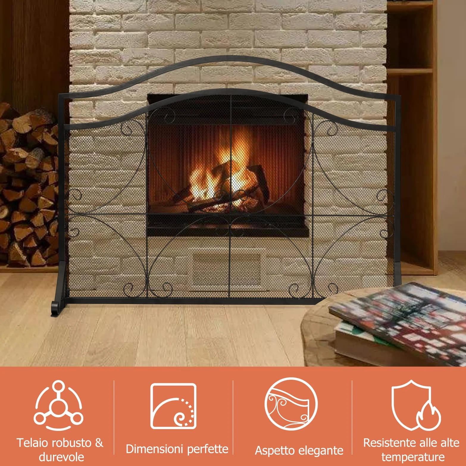 GYMAX Parascintille Camino, Telaio in Metallo, con Gambe di Sostegno, Struttura Stabile, Paravento Moderno per Soggiorno, Camera da Letto, 112,5 x 33,5 x 83,5 cm, Nero