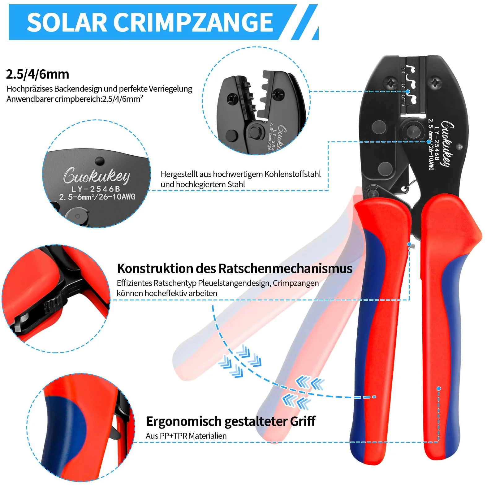 Set di pinze spelafili solari per cavi PV da 2,5/4/6 mm² | Pinza crimpatrice, spelafili, connettore per cavo solare e spina solare (maschio/femmina), 10 paia, chiave a bussola