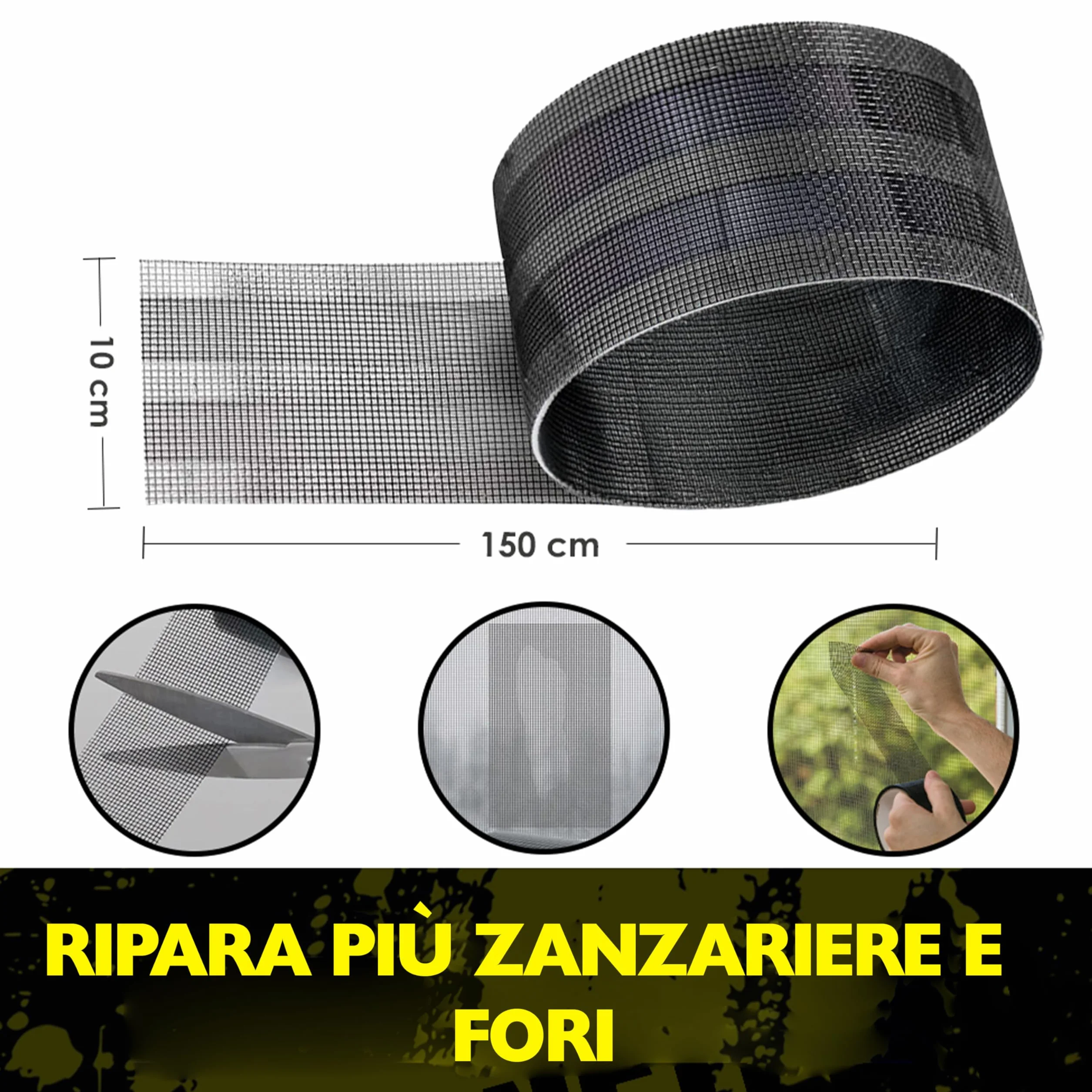 Nastro Adesivo Nero per Riparazione Zanzariere 10cm x 150cm Resistente ai Raggi