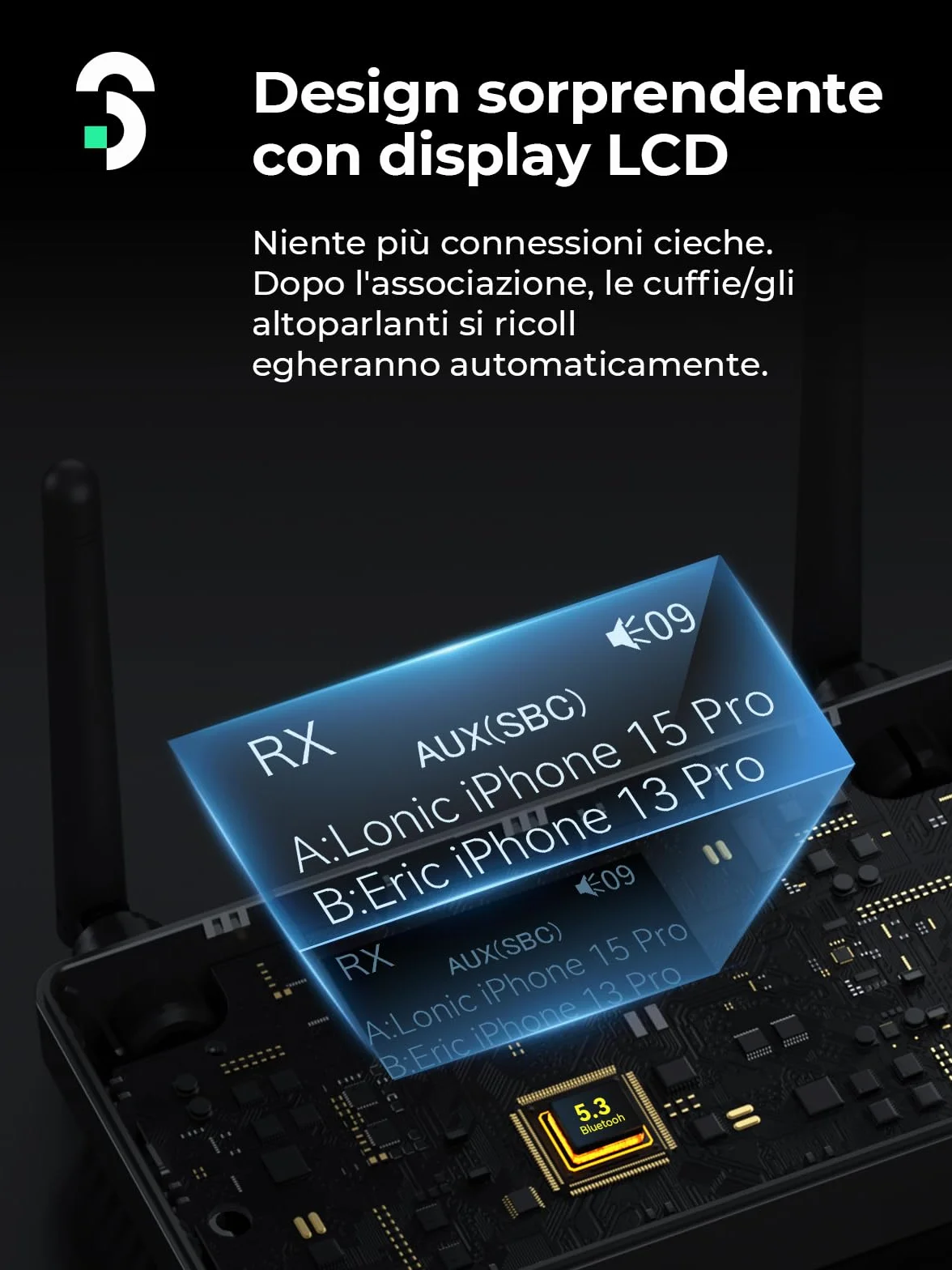 SOOMFON 3 in 1 Adattatore Audio Bluetooth 5.3, Trasmettitore/Ricevitore/Bypass Bluetooth 5.3 con doppia antenna & LCD Display 1.8 pollici, per TV, Cuffie, PC, HiFi, Casse, Aux/Ottico/RCA, Nero