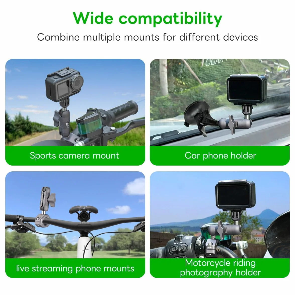 FANAUE Braccio a doppia presa compatibile con sfera da 17 mm, lega di alluminio, compatibile con supporto GPS Garmin e supporto per telefono per bici e moto