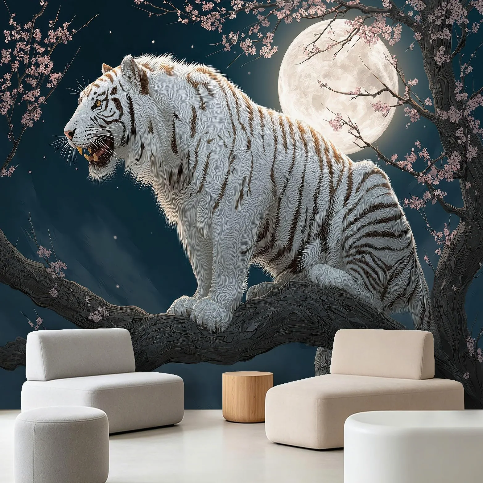 Carta da parati panoramica in tessuto non tessuto, fantasia animali, 350 x 256 cm, decorazione per soggiorno e camera da letto, effetto 3D, luna piena, fiori rami cielo notturno