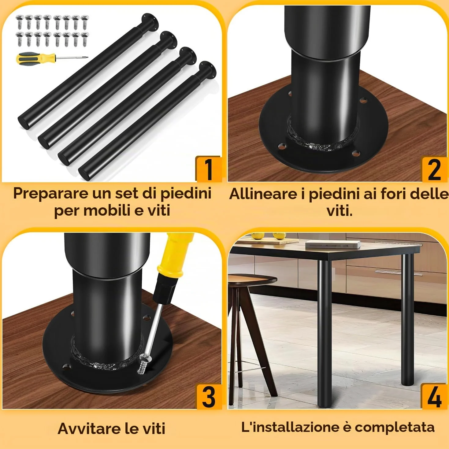 Confezione da 4 piedini per mobili, gambe regolabili da 70 a 110 cm, Fino a 200 kg per mobili, gambe da tavolo in acciaio, Caricabile divano-letto, comodino, armadietto (nero)