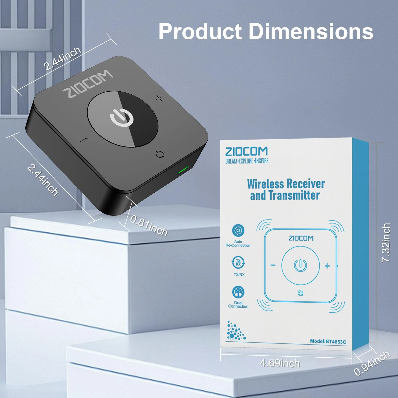 ZIOCOM Bluetooth 5.0 Trasmettitore Ricevitore, Adattatore Audio Wireless 2 in 1 per TV/PC/Casse e Impianto Stereo di Casa (Ottico, Aux 3,5 mm, RCA), Accoppia 2 Dispositivi Contemporaneamente