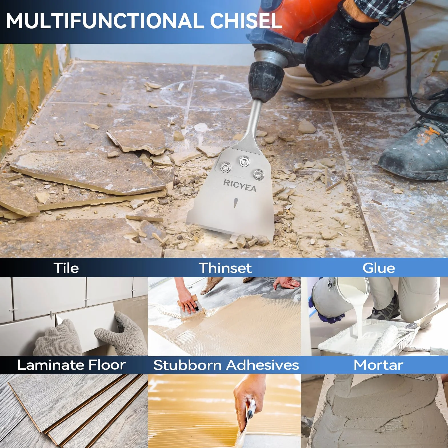Scalpello per stucco SDS-Plus 270 x 100 mm, scalpello per piastrelle con lama di ricambio da 76 mm, viti e guanti, SDS Plus, scalpello piatto per rimuovere tappeti, vernici, pavimenti e PVC