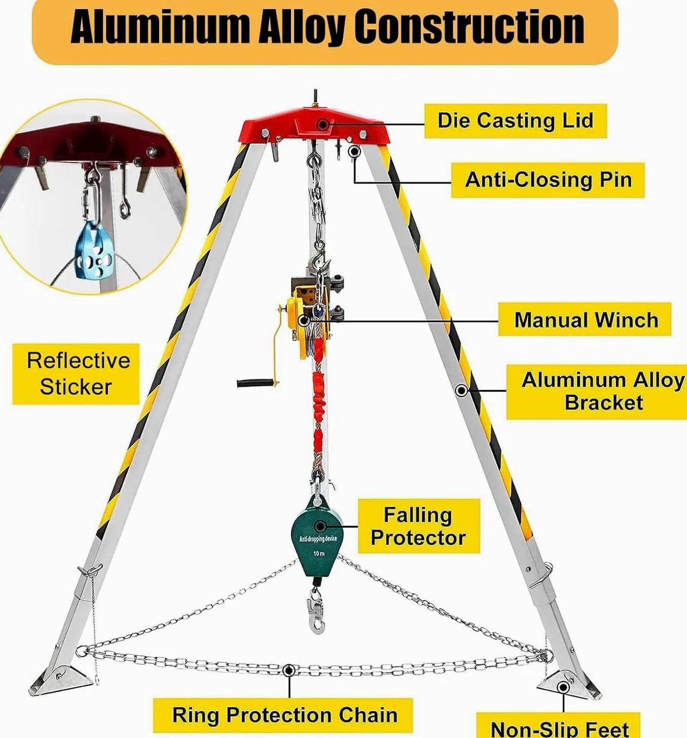 Generico Kit anticaduta per impieghi gravosi - Sistema di Soccorso a treppiede da 544 kg (1200 libbre) per spazi confinati, Attrezzatura di Sicurezza per Alta Quota per Gru a Torre, Pozzi, gallerie e