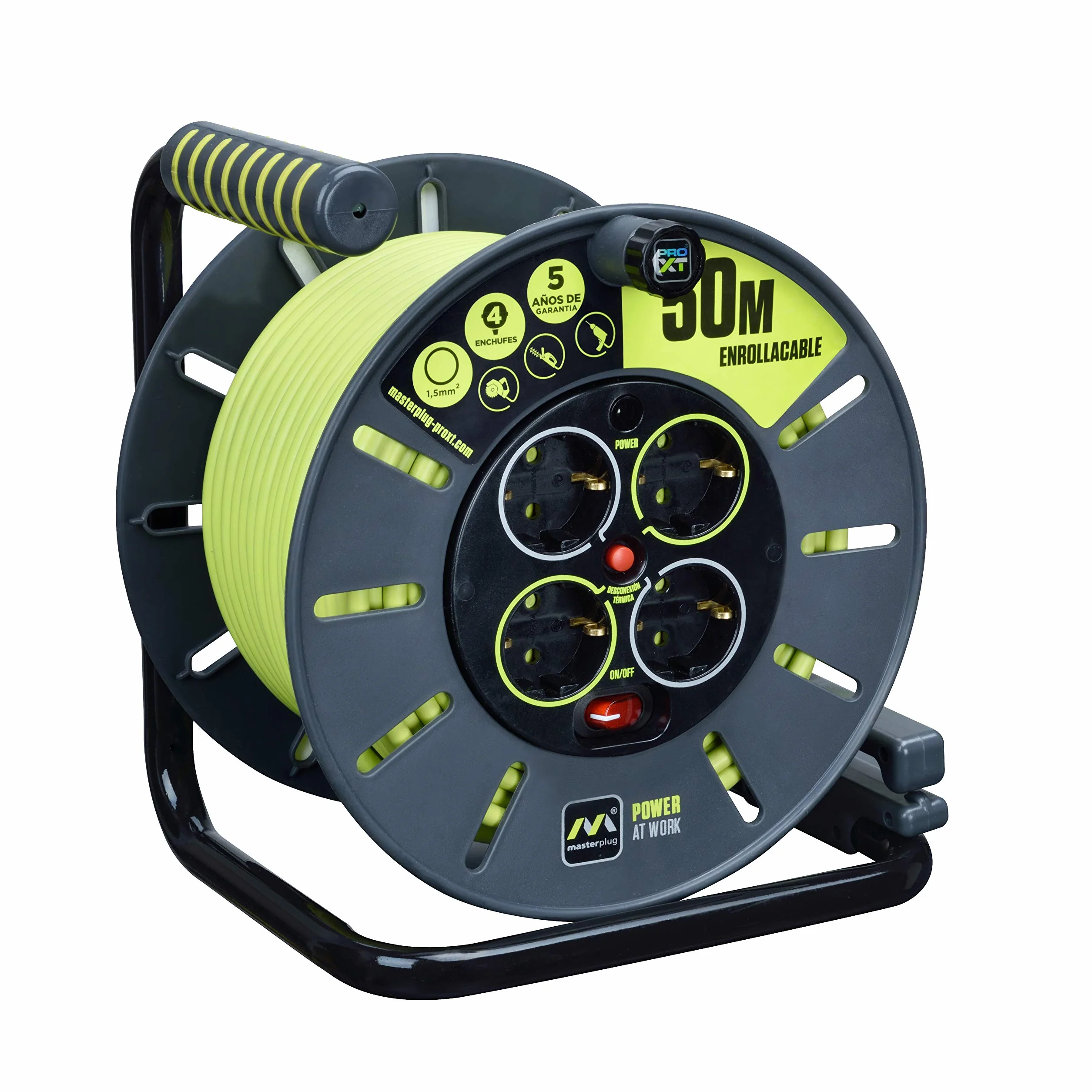 Masterplug Pro-XT Cavo di prolunga a quattro prese aperto con impugnatura di avvolgimento, taglio termico e interruttore di alimentazione, cavo ad alta visibilità da 50 metri