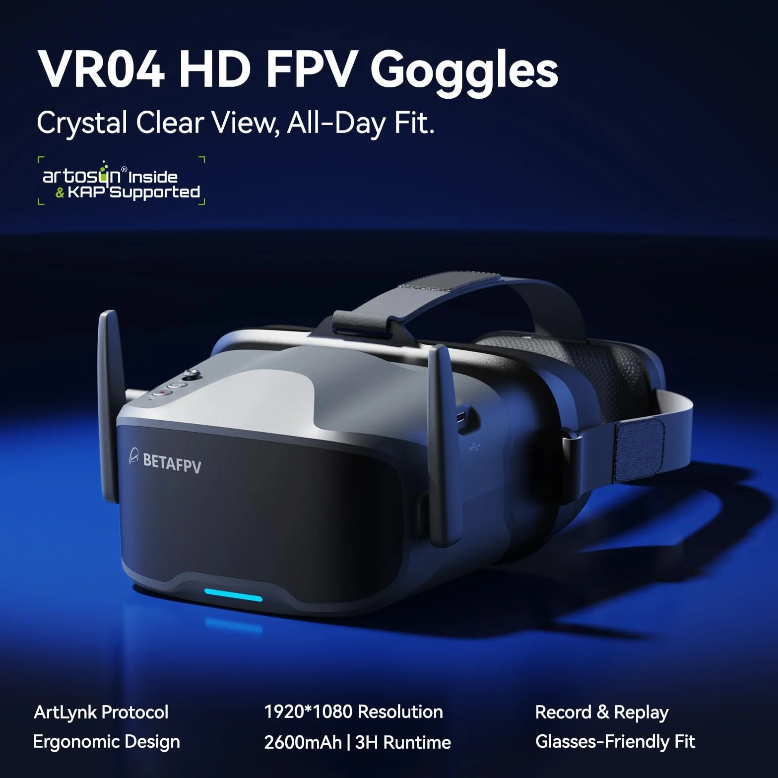 BETAFPV VR04 HD FPV Goggles with 1080P Resolution, 4.5'' Screen LCD, Micro SD Slot, 2 2600mAh Lipo Batteries Up to 3H, Adjustable Headband, Support Recording Replay Compatible for P1 Air Unit VTX