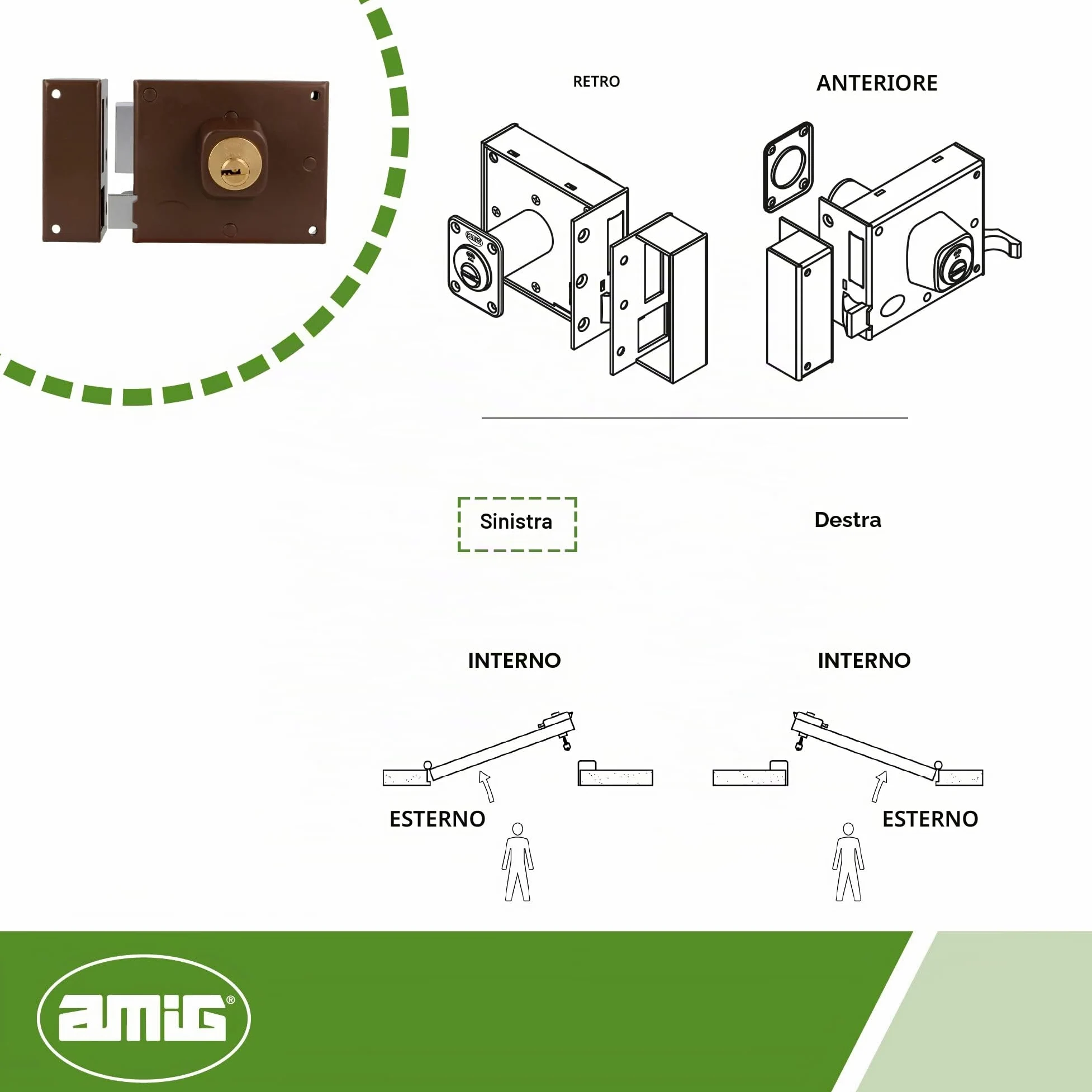 Amig - Serratura Sovrapposizione Sinistra Mod. 72 - Con leva, linguetta e maniglia - Sicurezza migliorata con cilindro rotondo, per porte in legno, marrone, 100 x 85 mm