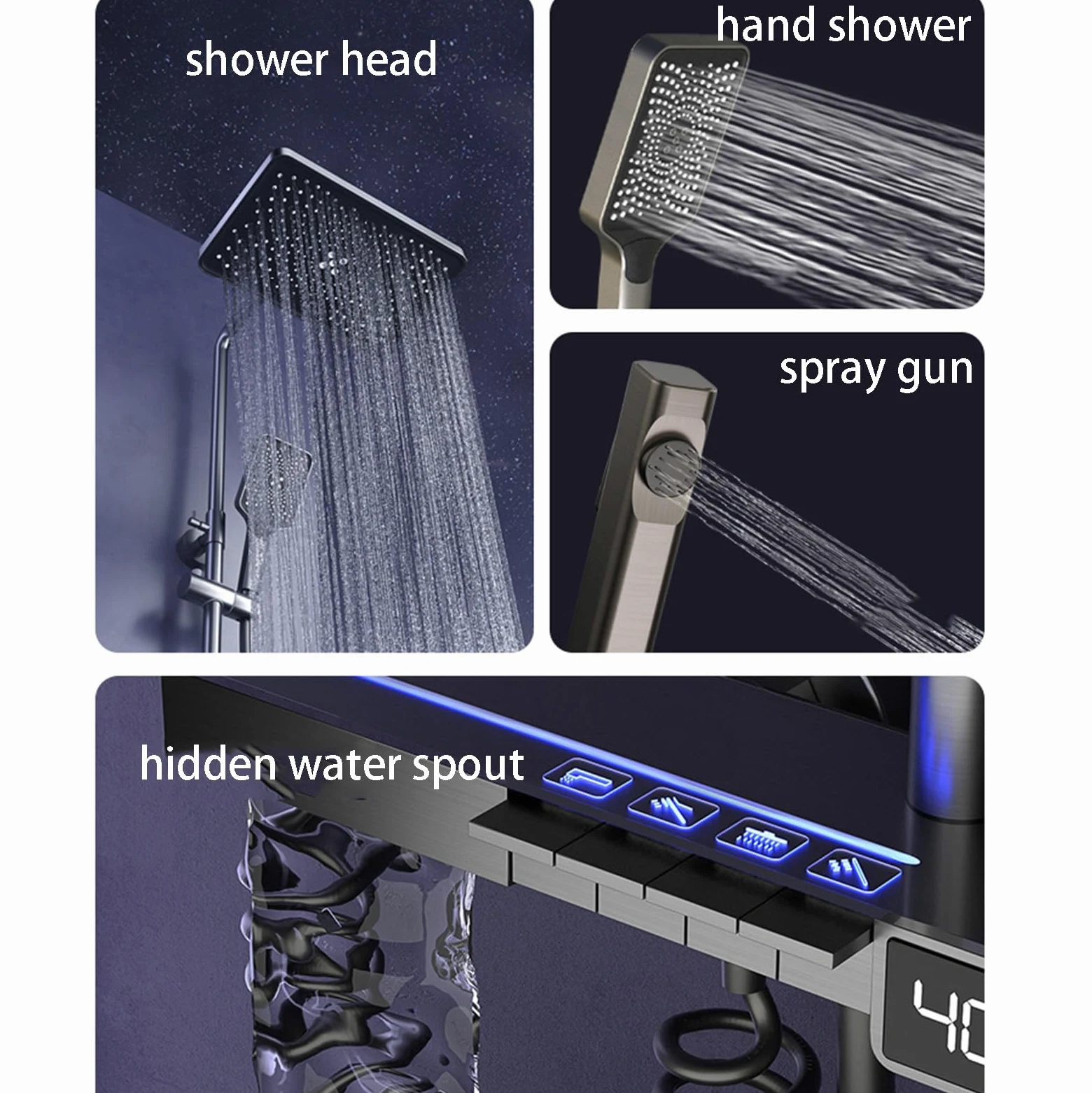 Set Rubinetto Doccia Systemtatic con Display della Temperatura, 4 funzioni, soffione a Pioggia da 12", doccetta, spruzzatore per Bidet, beccuccio per Vasca, Grigio Canna di Fucile