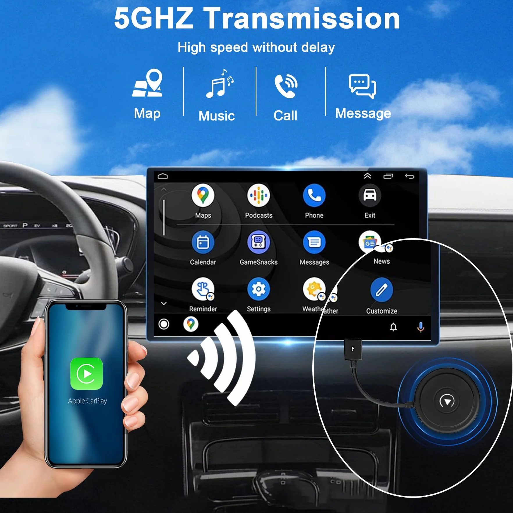 Adattatore CarPlay Wireless 5GHZ, Conversione CarPlay Cablato in Wireless, Connessione Automatica, per Veicoli con CarPlay Cablato di Fabbrica, Plug and Play,Nero