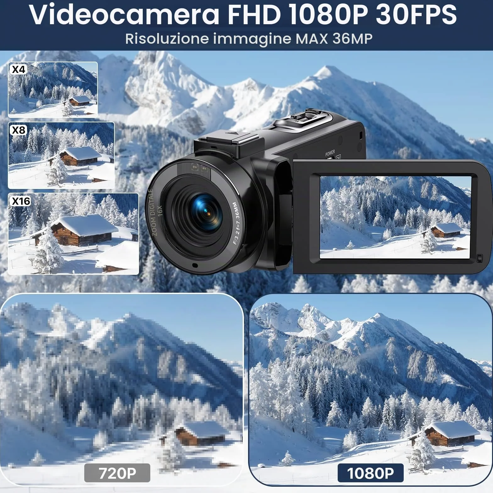 VAHOIALD Videocamere Digitali UHD 1080P 36MP 30FPS Video Camera,IR Visione Notturna Vlogging Camera,16X Zoom Digitale 3.0" IPS Ruotabile 270 ° Videocamera youtube con Telecomando,2 batterie