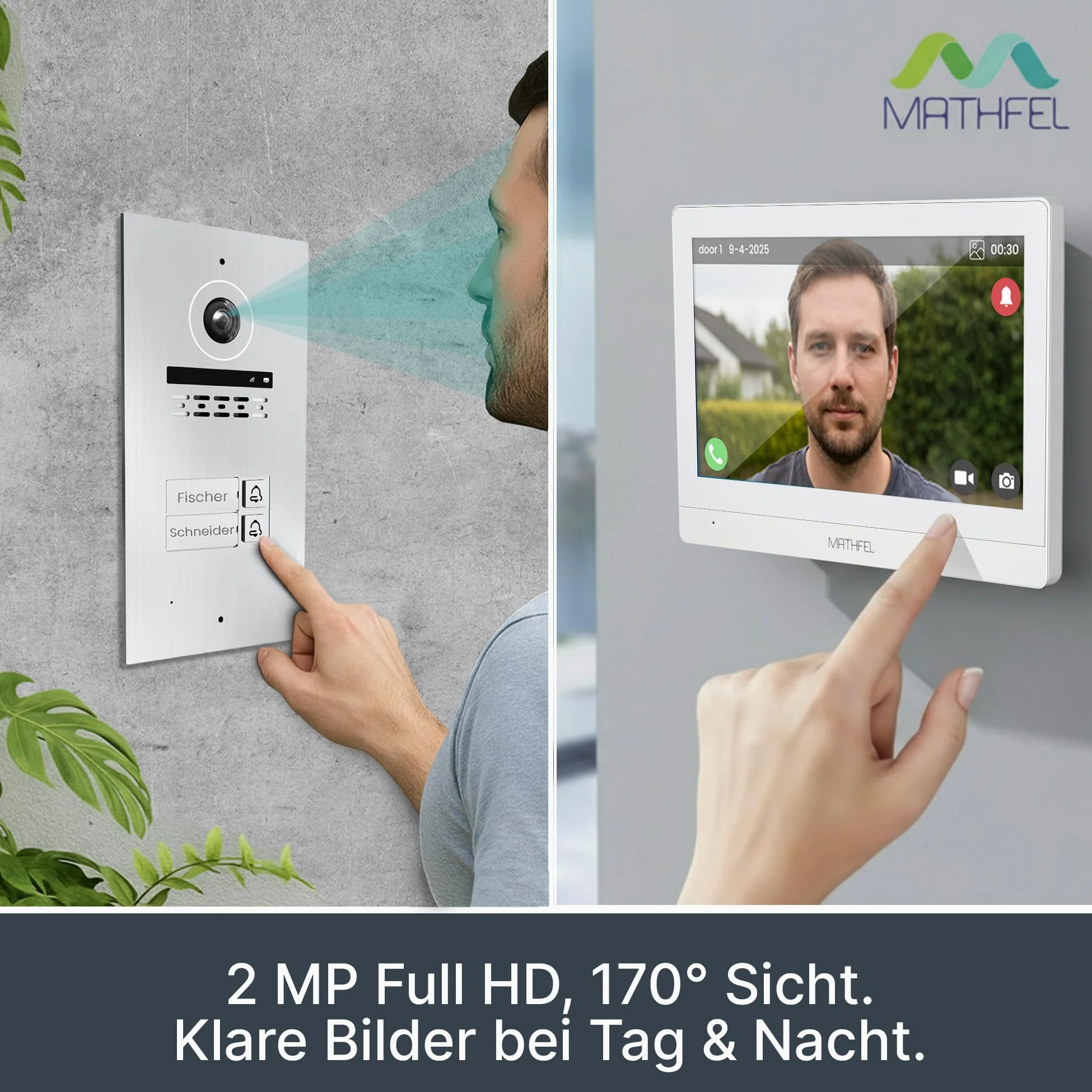 Mathfel 2 case di famiglia, 2 fili, bus Wi-Fi, videocitofono, 4 monitor touch screen da 10 pollici, con fotocamera grandangolare da 2 megapixel, 170 gradi, stazione esterna in argento con incisione