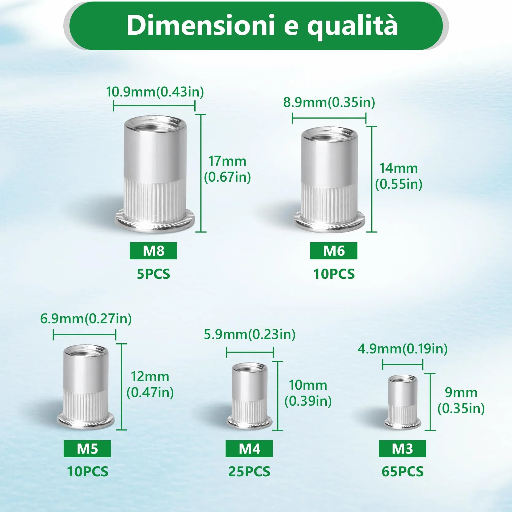 Dado per rivetto 110 pezzi M3 M4 M5 M6 M8 304 acciaio inox Nutsert Cap per mobili auto