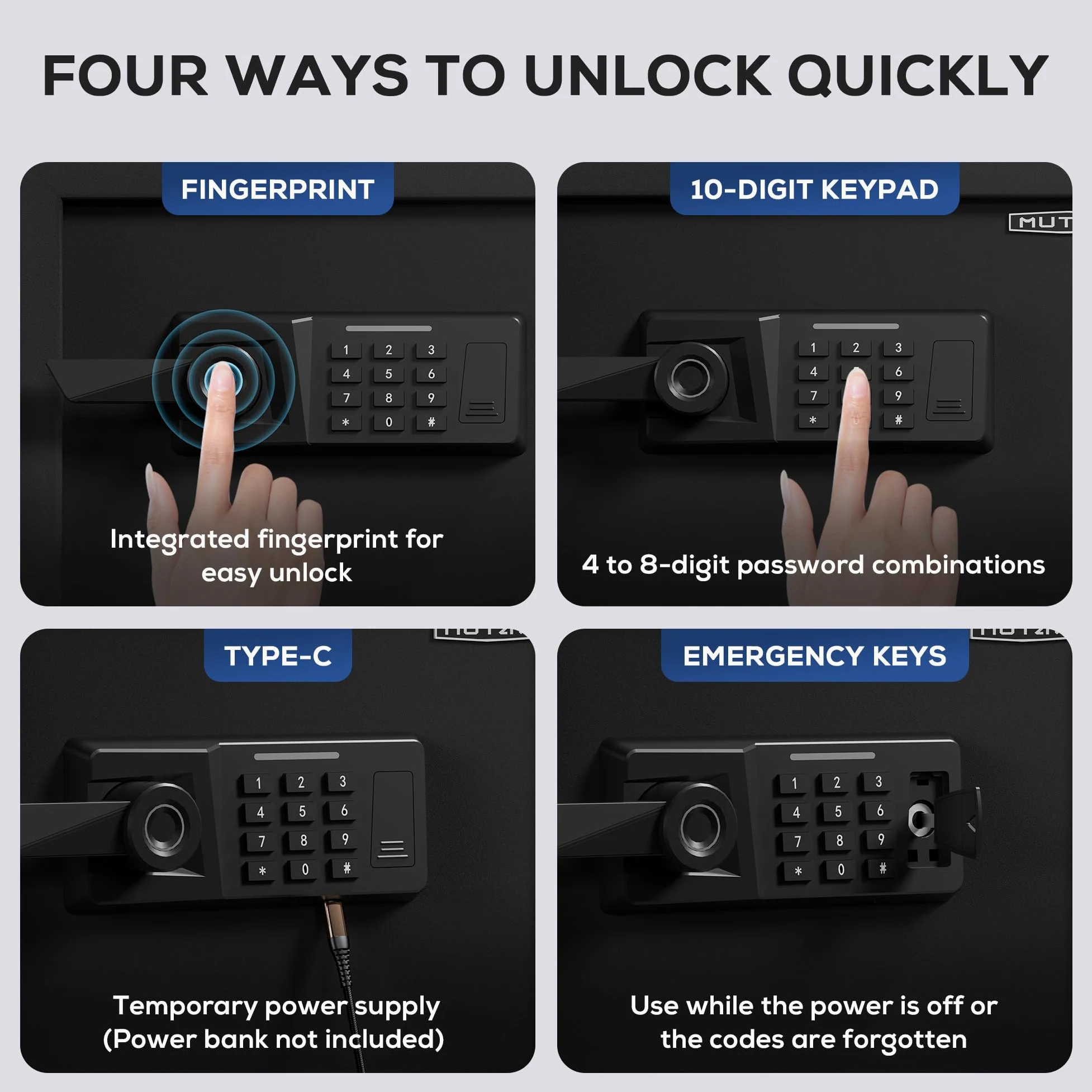 Smart Home Safe 1.0 Cub - Cassetta di sicurezza biometrica ad accesso rapido con maniglia di riconoscimento delle impronte digitali, chiavi, tastiera digitale e porta di tipo C, dotata di borsa
