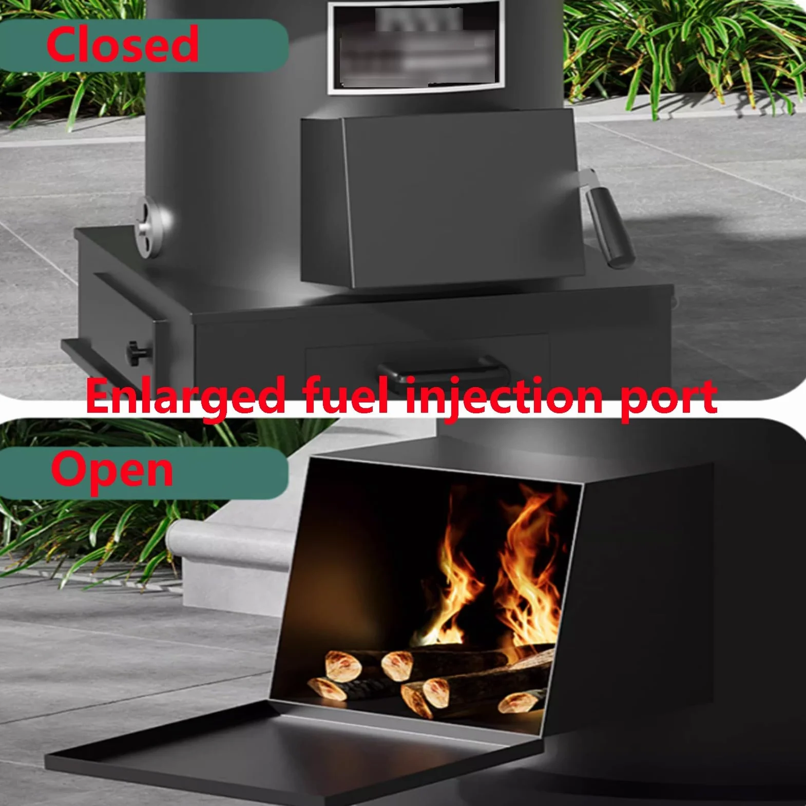 Stufa A Legna A Gasificazione In Ghisa 10MM Con Canna Fumaria Da 200 Cm E Ruote Bloccabili Per Riscaldamento E Cucina Domestica, Carico 250kg(50 * 50 * 61cm)