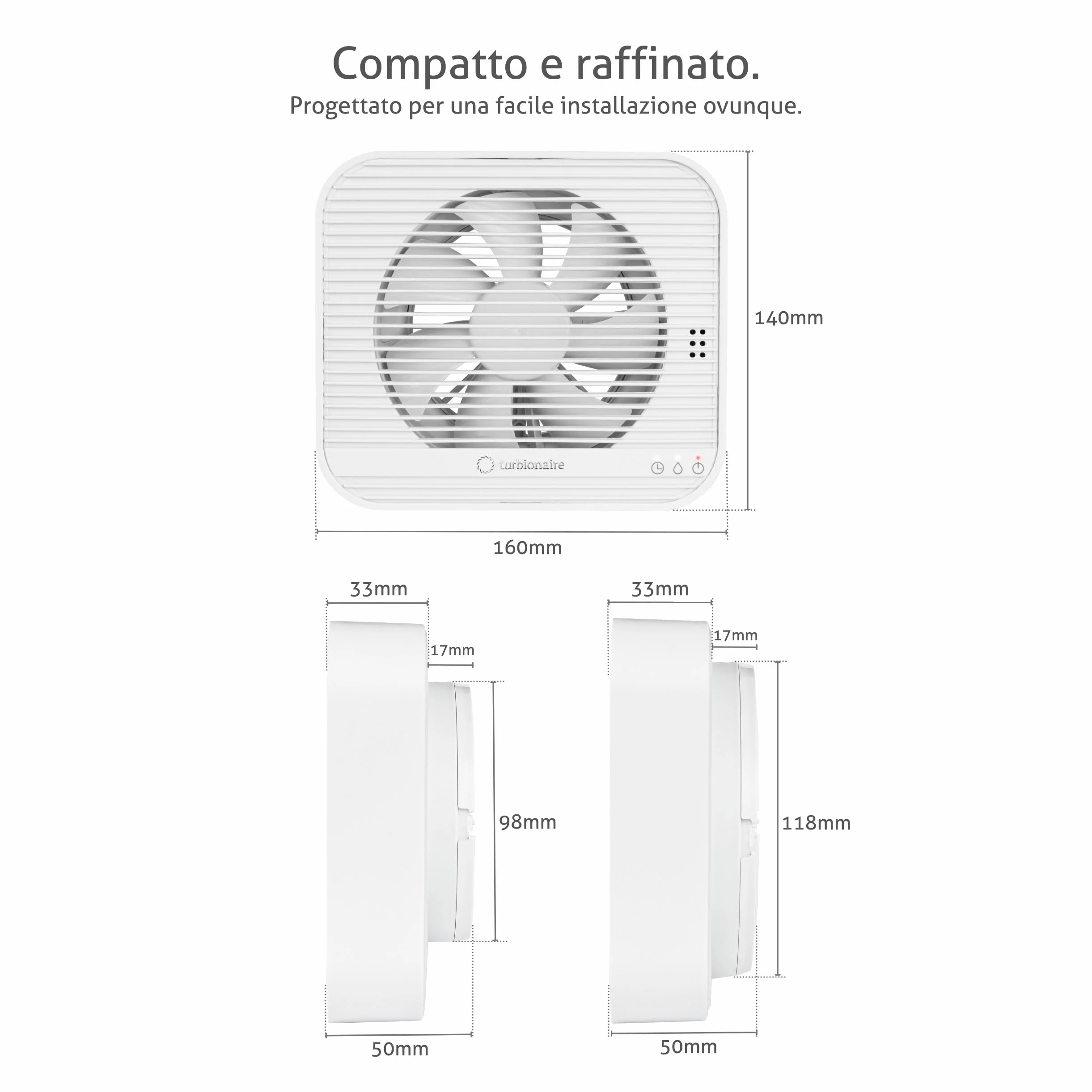 Turbionaire Axio 1012 HTR Aspiratore Bagno 100/120 mm 9.2W Sensore Umidità Telecomando 8 Velocità