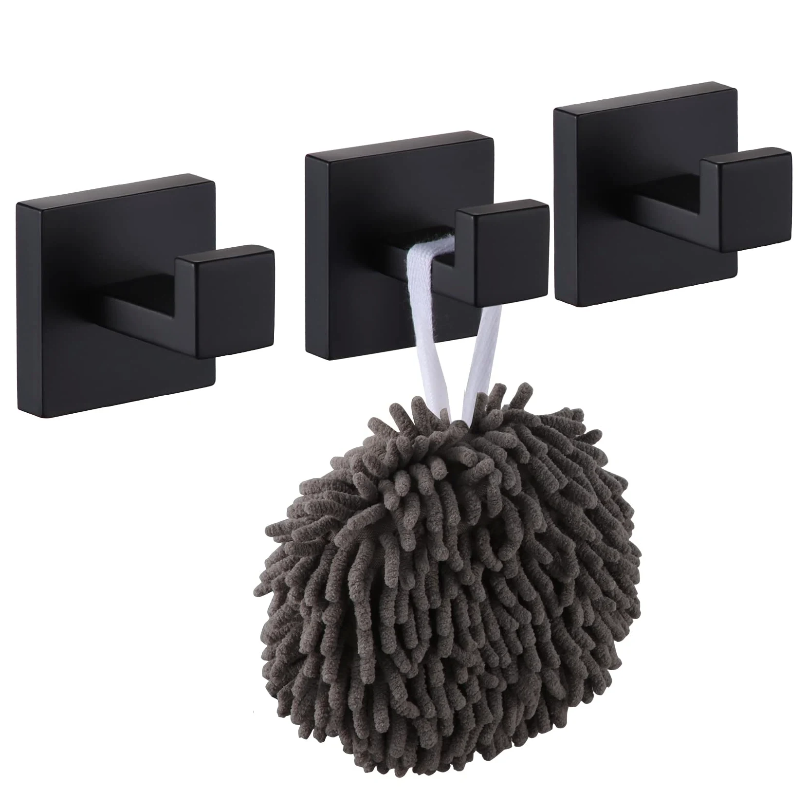 KOKOSIRI Gancio per asciugamano da bagno, da parete, quadrato, per accappatoio, bagno, cucina, garage, resistente, in acciaio inox SUS 304, confezione da 3 pezzi, nero opaco, B1010BK-P3