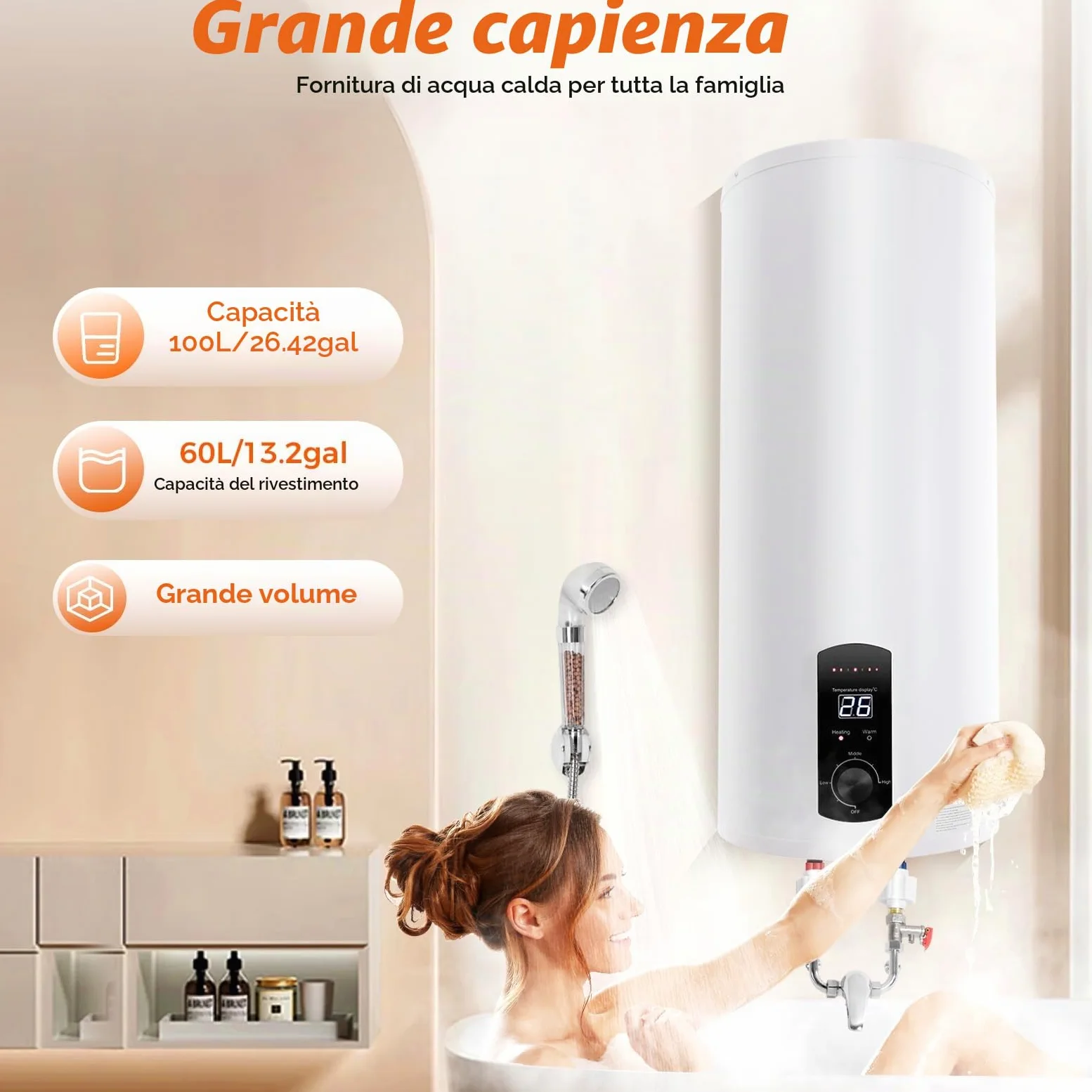 35L Scaldacqua Elettrico, Riscaldatore Istantaneo per Doccia, 2000W Boiler con Doccia & Rubinetto, Scaldacqua per Bagno & Cucina, Protezione IPX4, Bianco