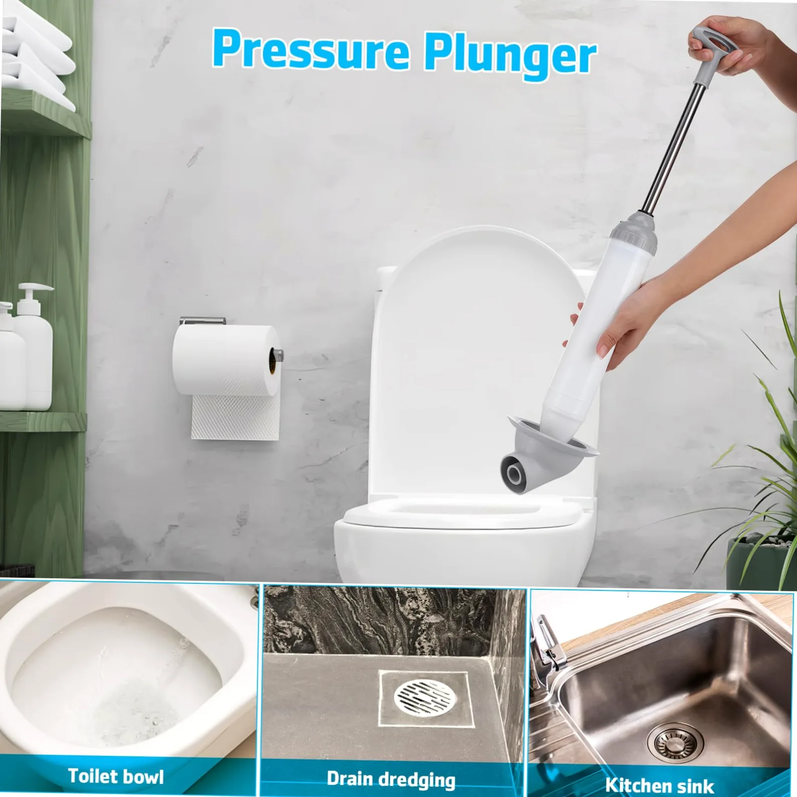TEHAUX Sturatubi ad Aria Compressa per WC in Acciaio Inossidabile e Pp, ad Alta Pressione, Facile da Usare, per Bagno e Cucina, Vasca e Lavandino