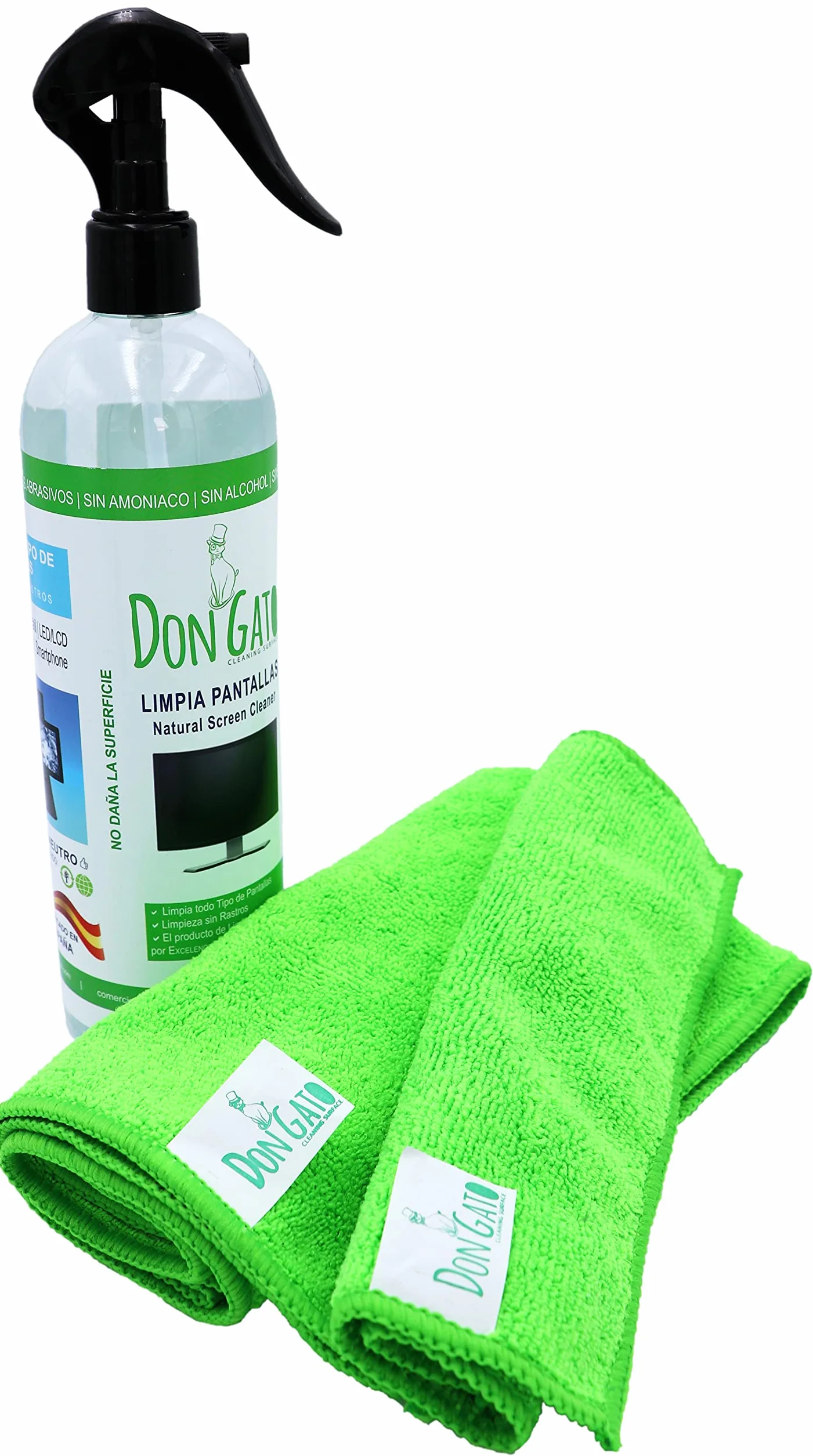 Don Gato – Kit per la pulizia dello schermo + 2 panni in microfibra (500 ml) per TV, Tablet, PC/portatile, LCD, LED, cellulare, fabbricato con prodotti naturali, senza alcool.
