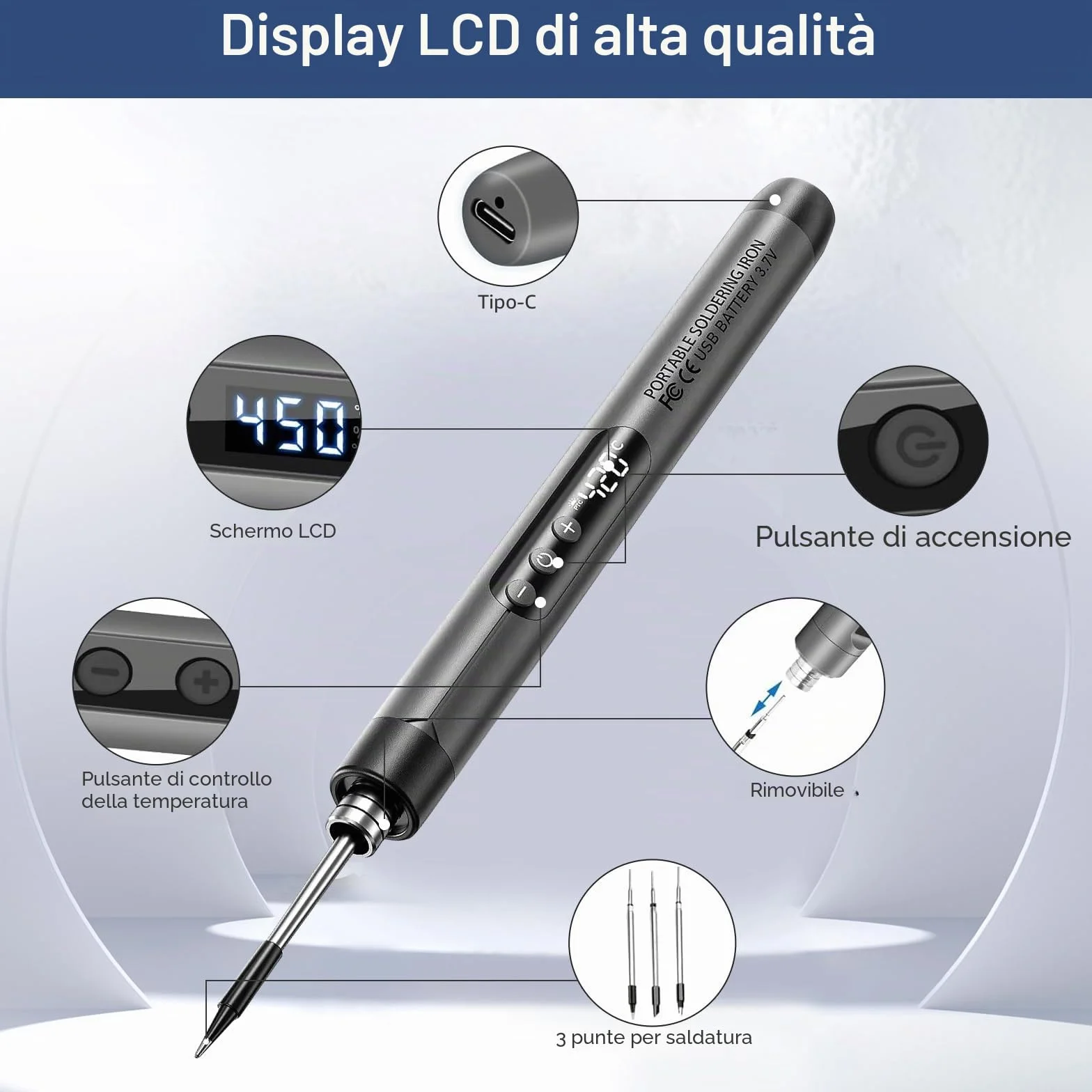 Set di saldatore a batteria ricaricabile USB LCD temperatura regolabile 260-420°C 3 punte filo saldatura regalo