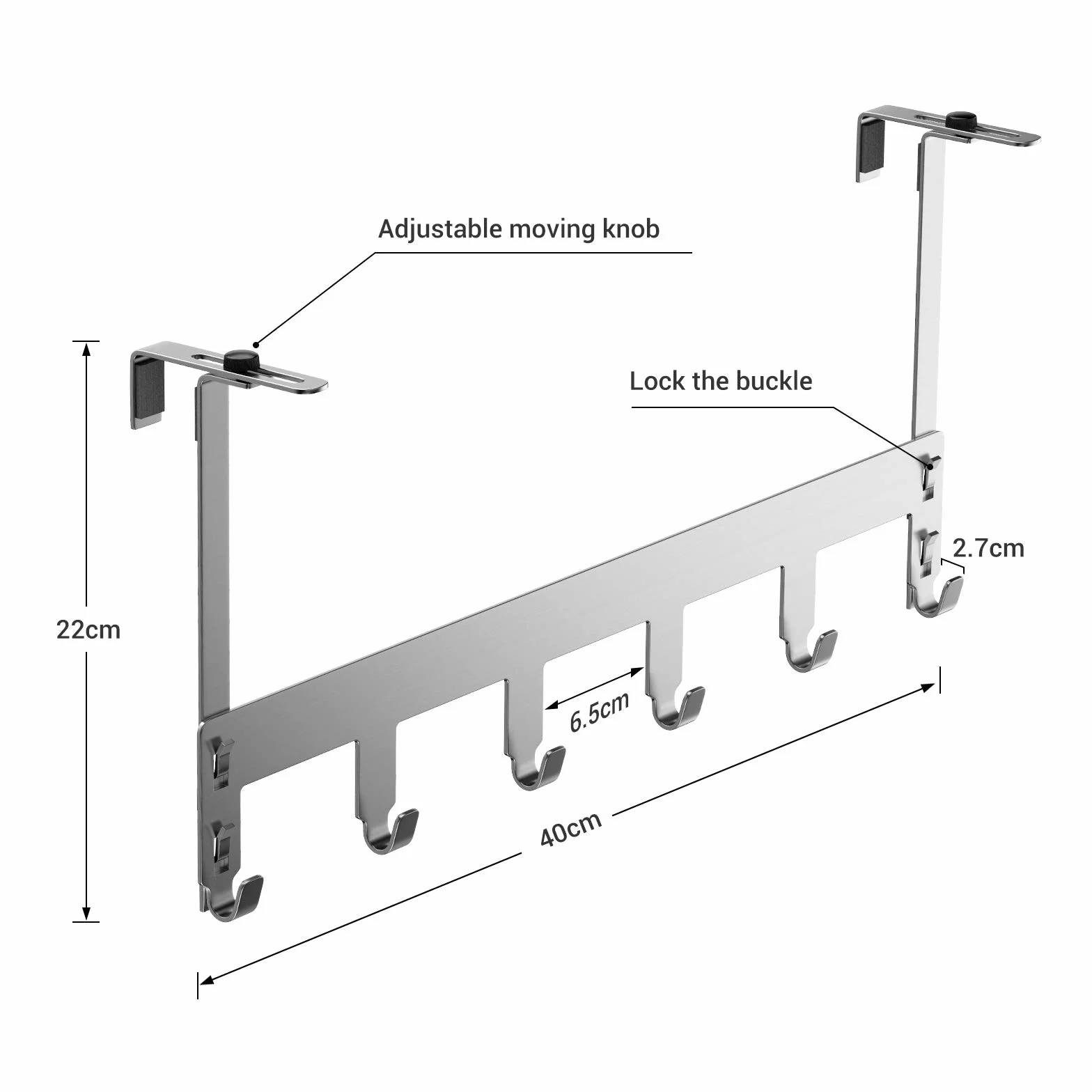 Luxear Appendiabiti da Porta Regolabile con 6 Ganci Attaccapanni Porta in Acciaio Inox MAX20KG per Camera da Letto Asciugamani Doccia Bagno Cucina Ufficio, Porta 1-6 cm
