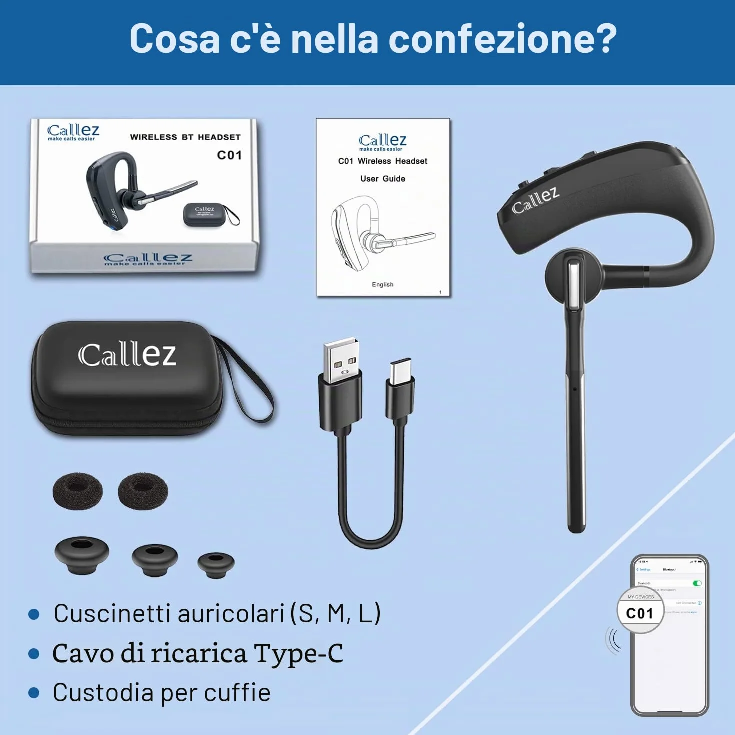 Auricolare Bluetooth con Doppio Microfono CVC8.0 Cancellazione del Rumore, Auricolari Bluetooth Singolo V5.0 Cuffie Wireless Compatibile con iPhone Samsung Cellulare Guida Lavoro Ufficio Super Leggero