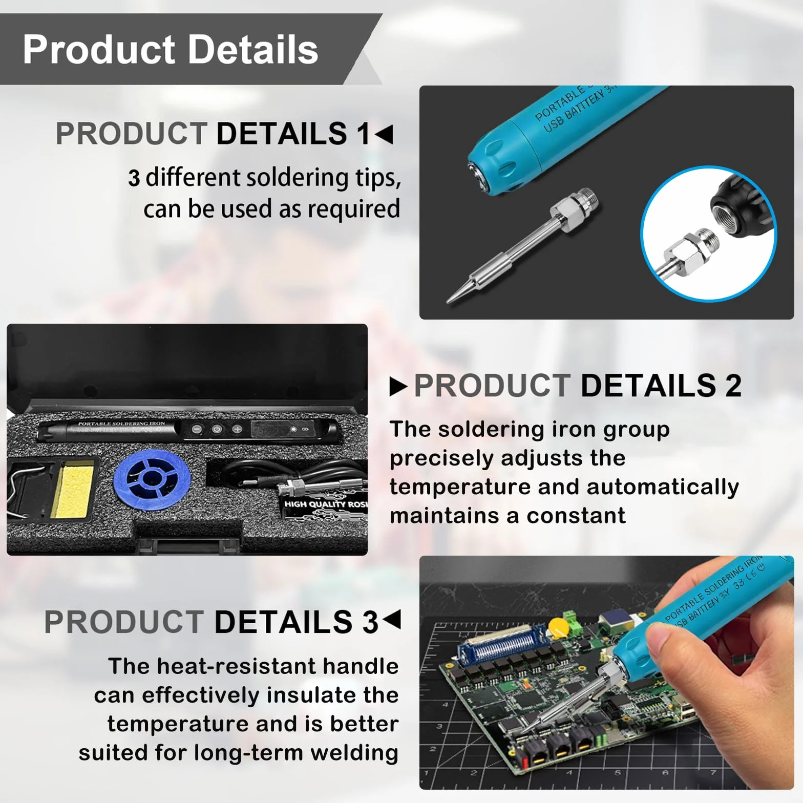 Saldatore a Batteria con LCD, Temperatura Regolabile 200℃-450℃, Ricaricabile USB Senza Fili