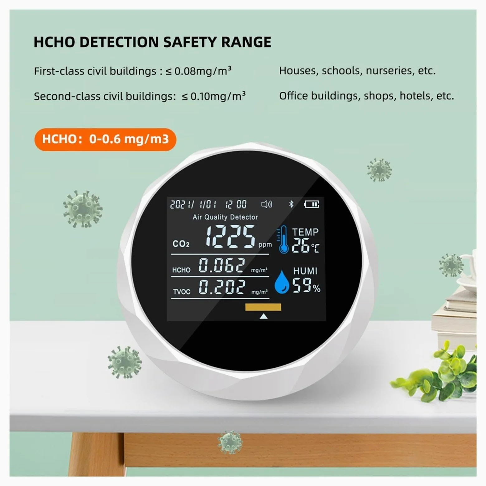 Monitor d'aria multifunzione TVOC HCHO Misuratore di CO2 Tester qualità del gas Umidità Temperatura Rilevatore controllo dente blu Per cucina e camper(Noir)