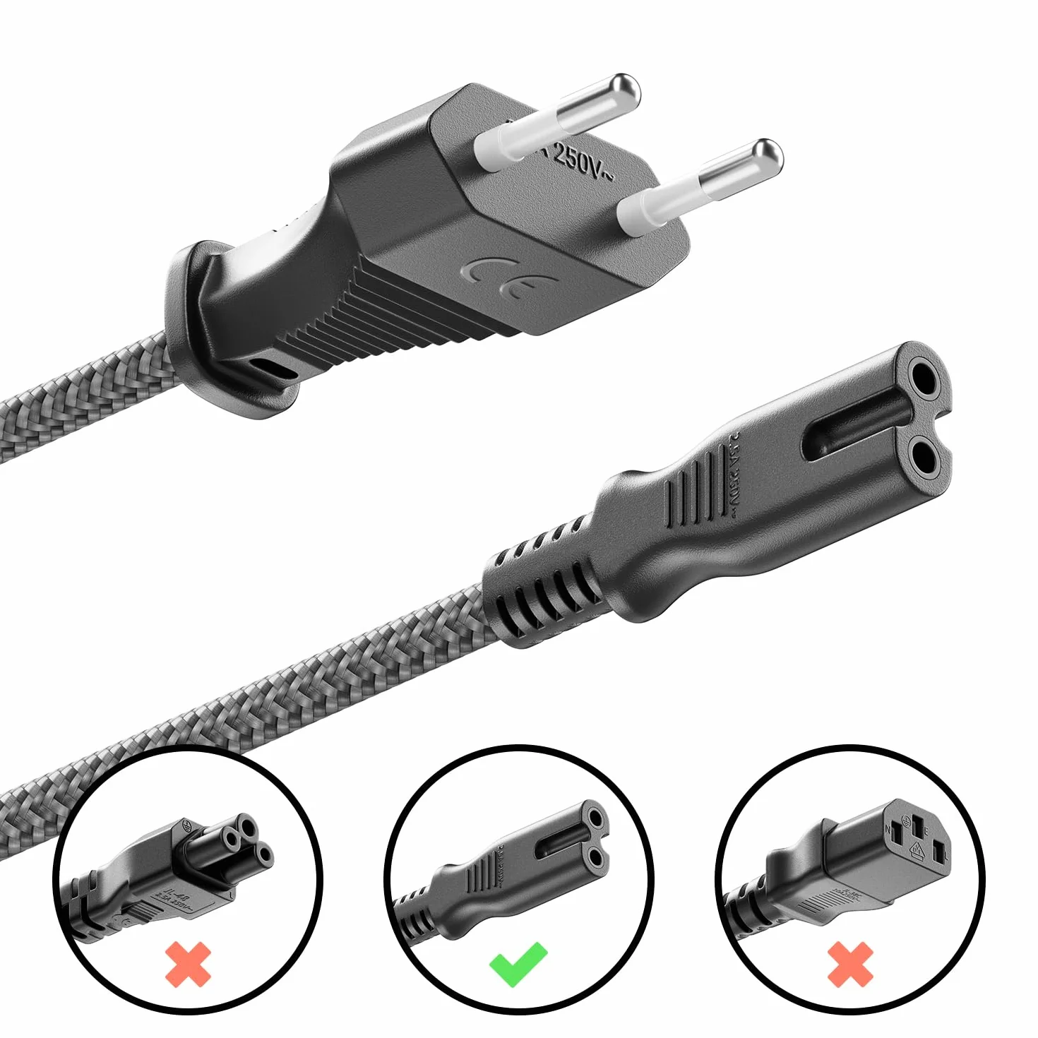 deleyCON 2m Cavo di Alimentazione Elettrico Spina Euro Tipo c a C7 (in Nylon) Connettore Piatto 2,5A per Presa C8 TV Soundbar PS4 PS5 Alimentatori Piccoli Elettrodomestici ecc. - Grigio