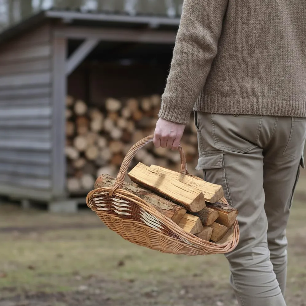 Cesto per Legna da Ardere in Vimini Con Iuta, 60 x 34 cm, Cestino per Legna