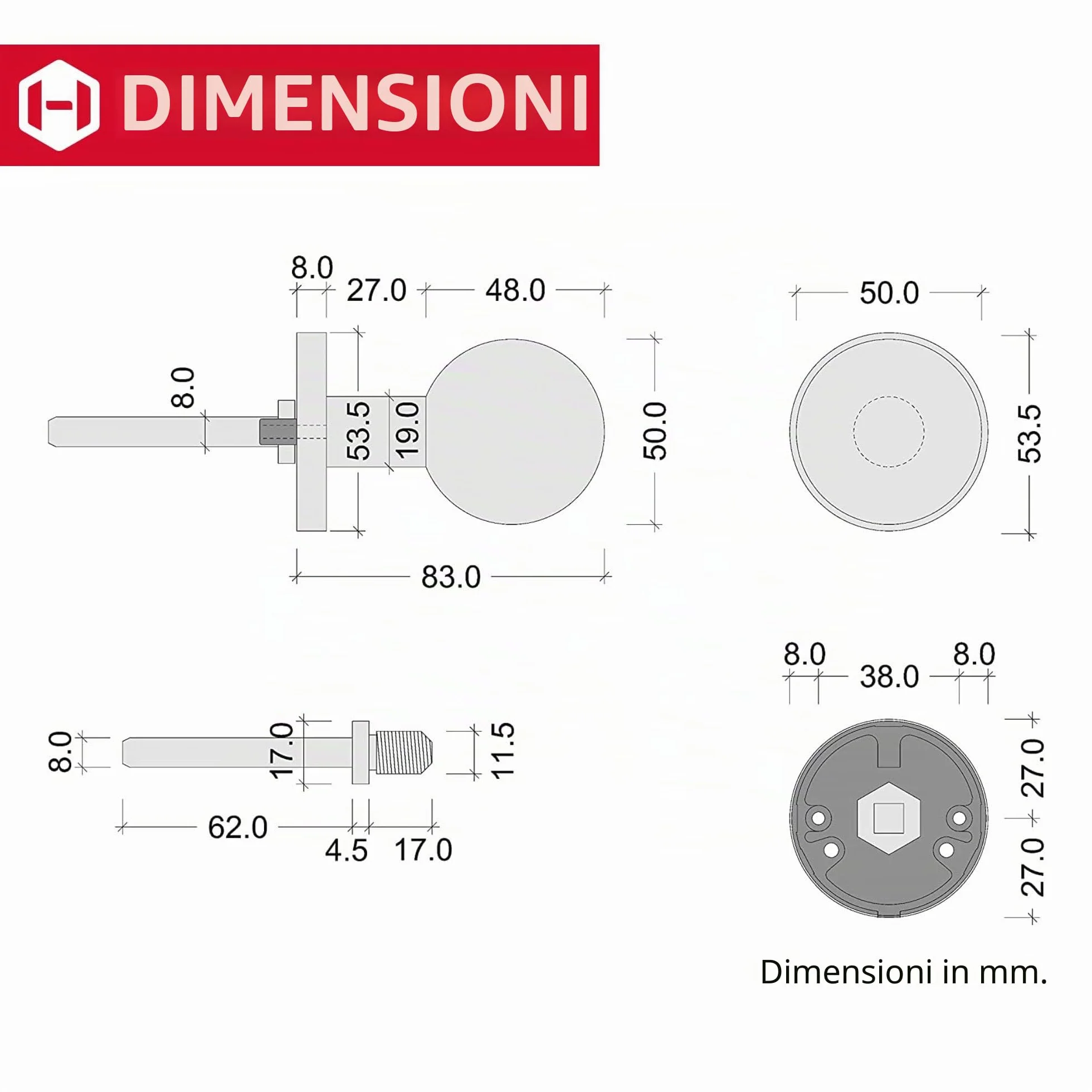 JUVA Pomello moderno per porta in acciaio inox LDK 214 Ø 50 mm a sfera fisso