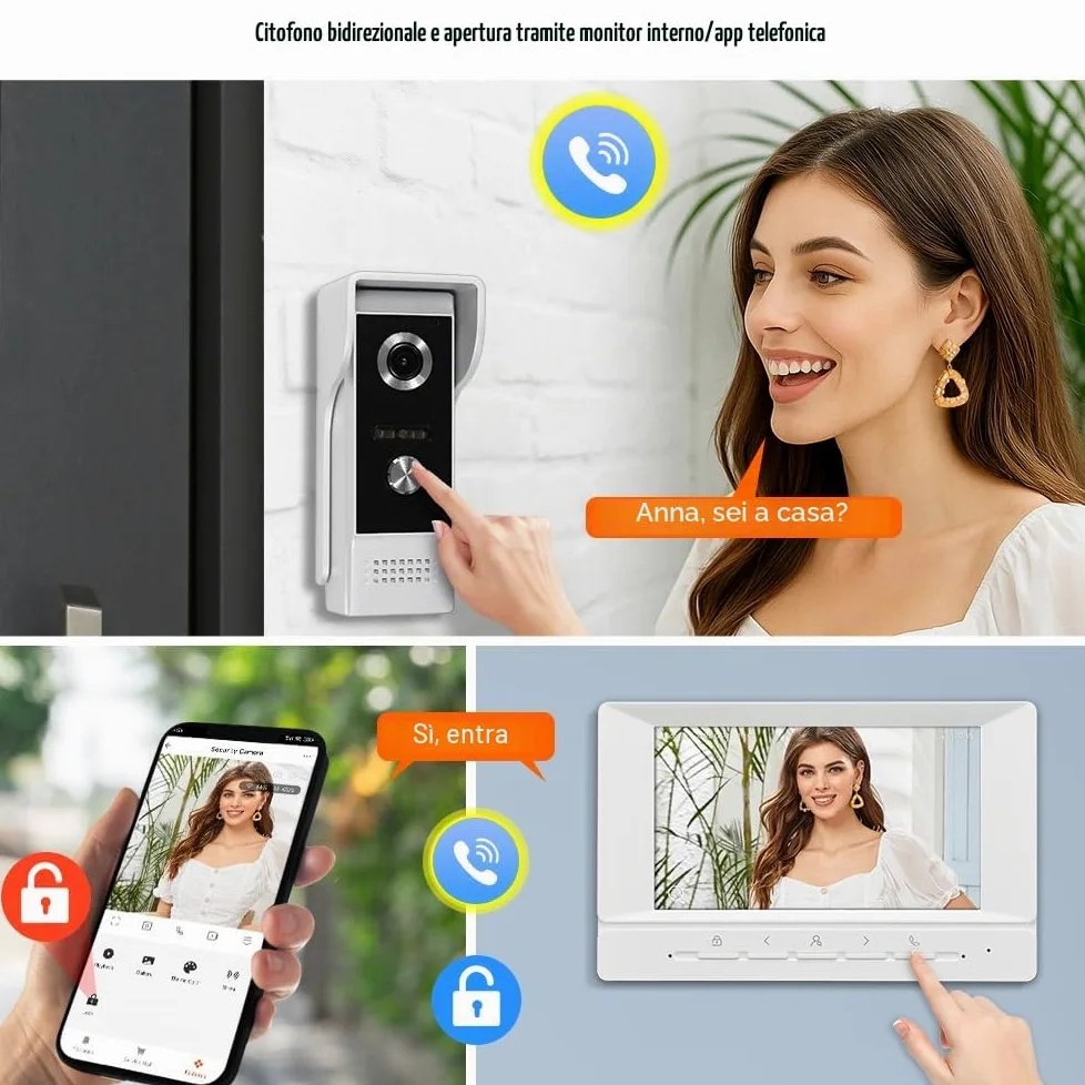 Sistema interfono videocitofono WiFi TUYA da 7 pollici, telecamera HD 1080P IR a visione notturna, videocitofono con monitor, supporto audio bidirezionale, registrazione, sblocco remoto