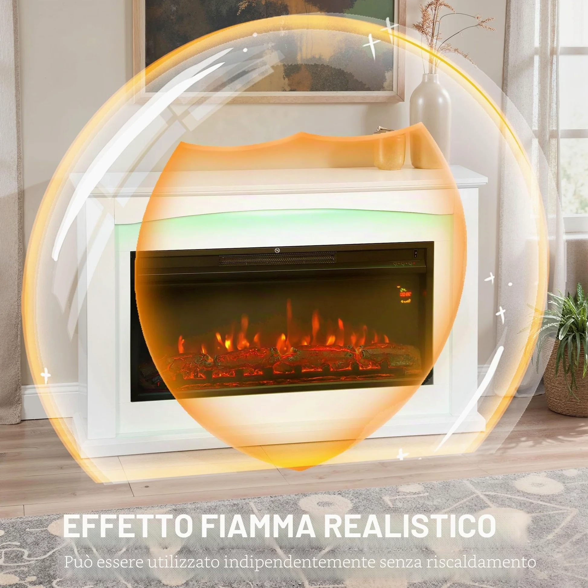 HOMCOM Caminetto elettrico 1000W/2000W, effetto fiamma con 5 luminosità regolabili, finto caminetto decorativo con mantello, termostato regolabile, telecomando, timer, fino a 30 m², bianco