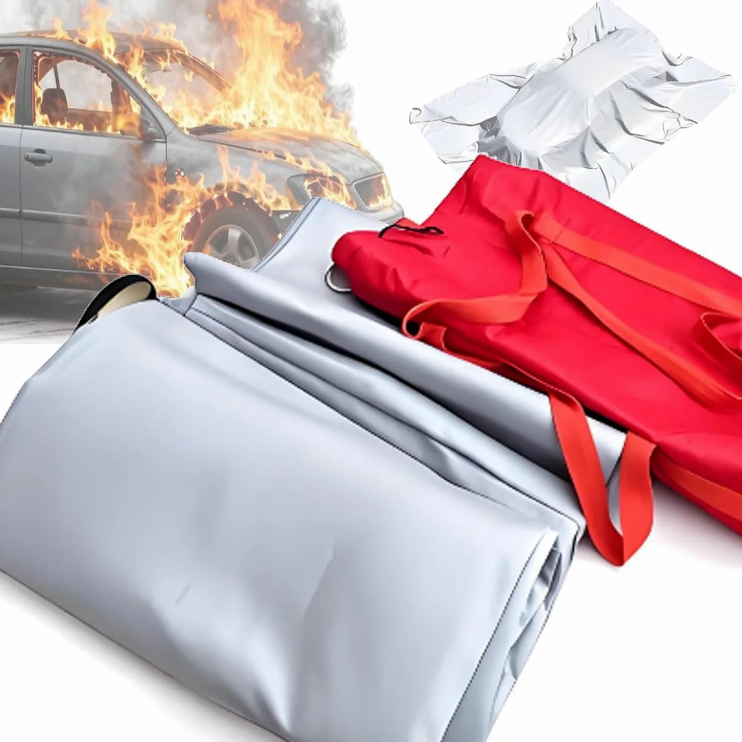 Coperta antincendio per auto per veicoli elettrici e a gas, 1100 °C, double-face, di sicurezza, estintore, coperta in fibra di vetro, per garage e incendi a batteria auto, 4 x 6 m