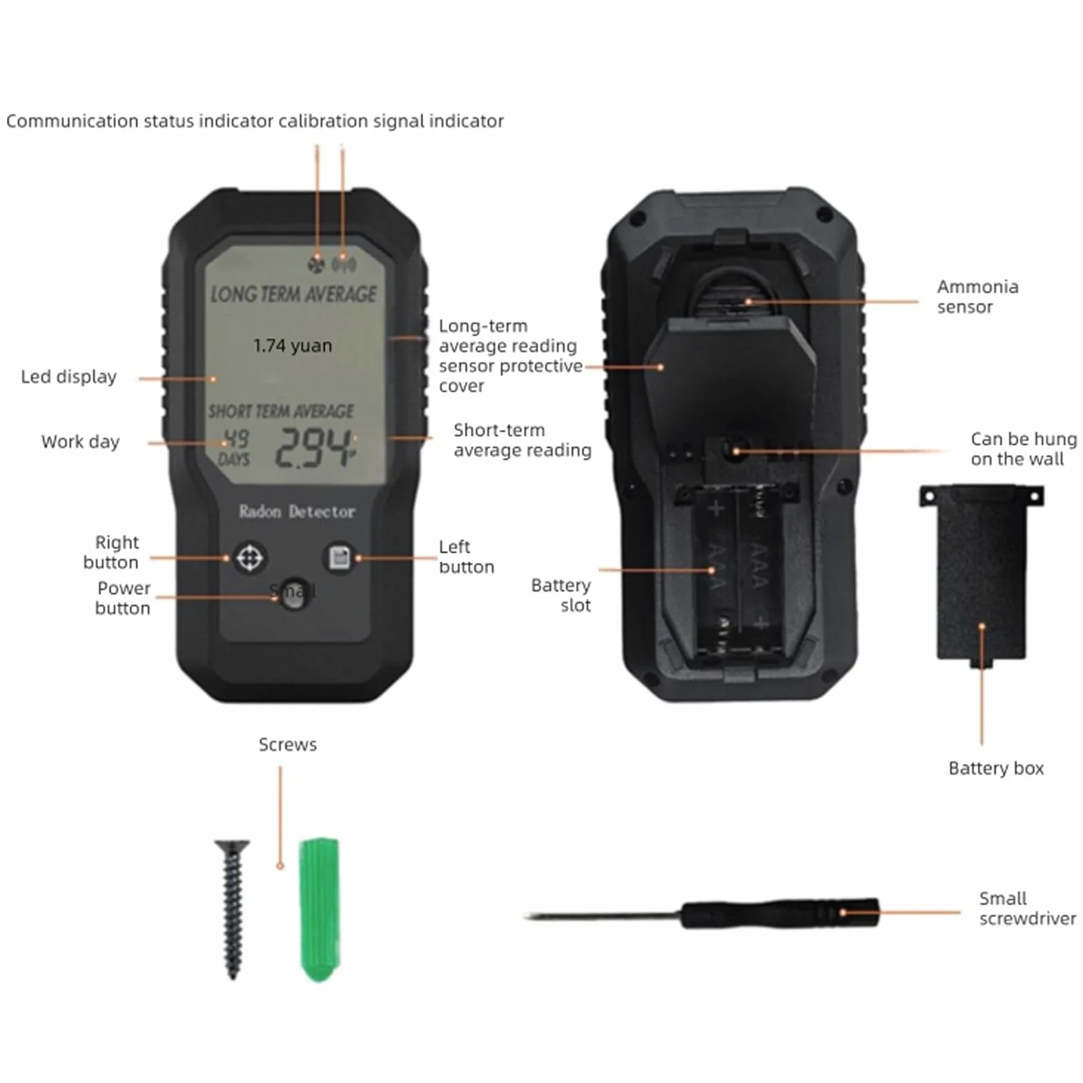 Eujgoov Radon Detector Tester a Gas Radon Digitale Portatile con Letture a Breve Termine Montate a Parete per Casa