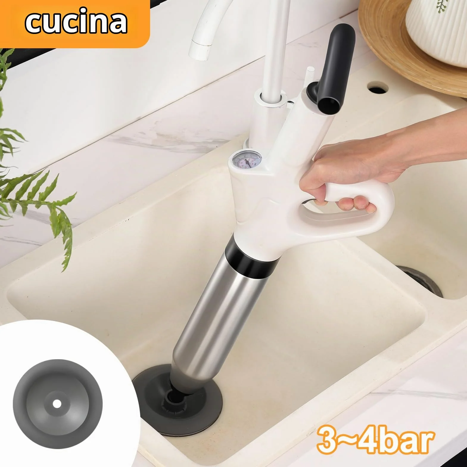 Pompa Stura Scarichi a Pressione, Sturatubi Aria Compressa con Barometro, Sturalavandini a Pressione con Quattro Diverse Ventose per Bagni Servizi Igienici Lavabi