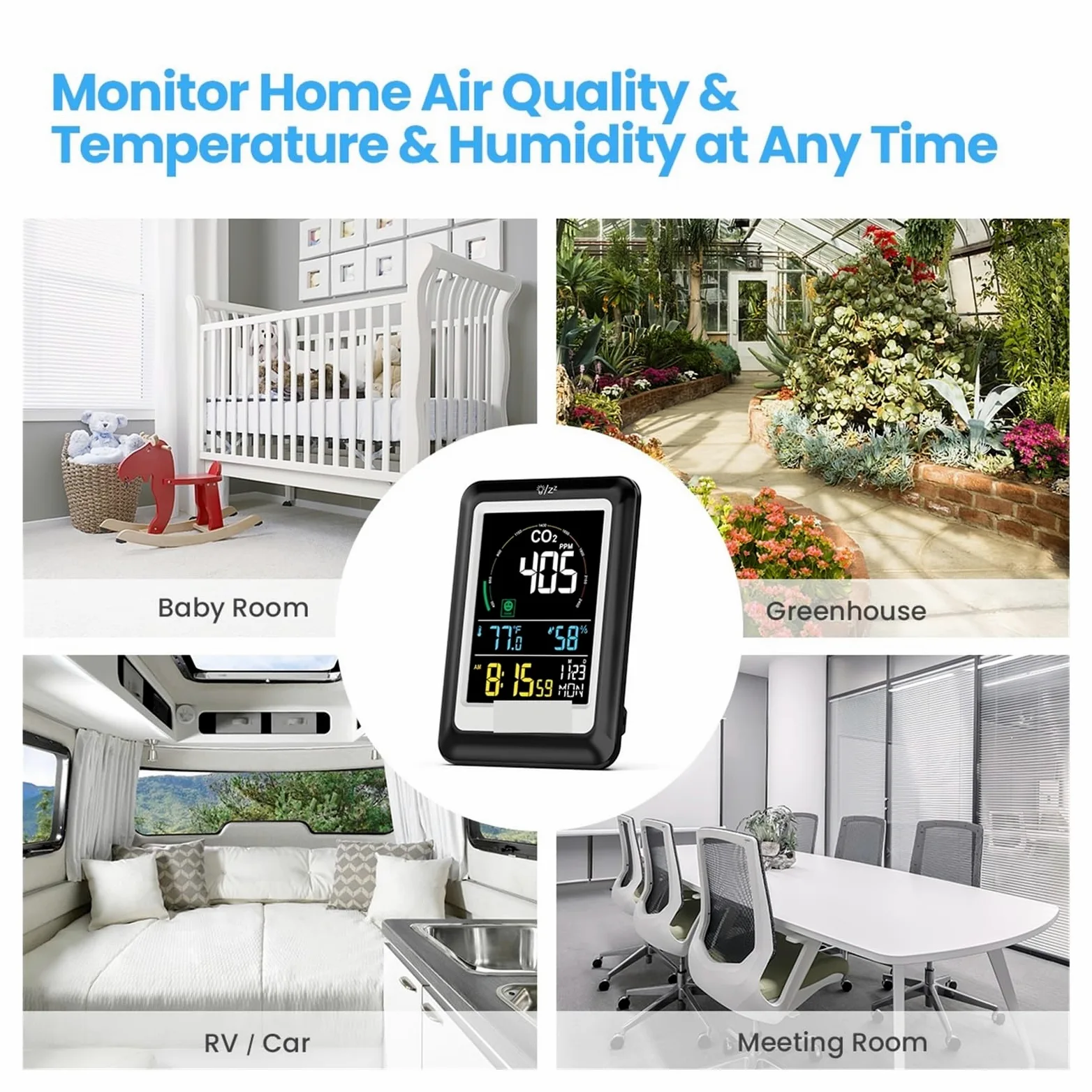 Misuratore Qualità dell'aria, Monitor a qualità 'aria 5 in 1 Misuratore di CO2 Rilevatore in tempo reale Misuratore di anidride carbonica Rilevatore digitale di umidità di temperatura per Casa Cucina